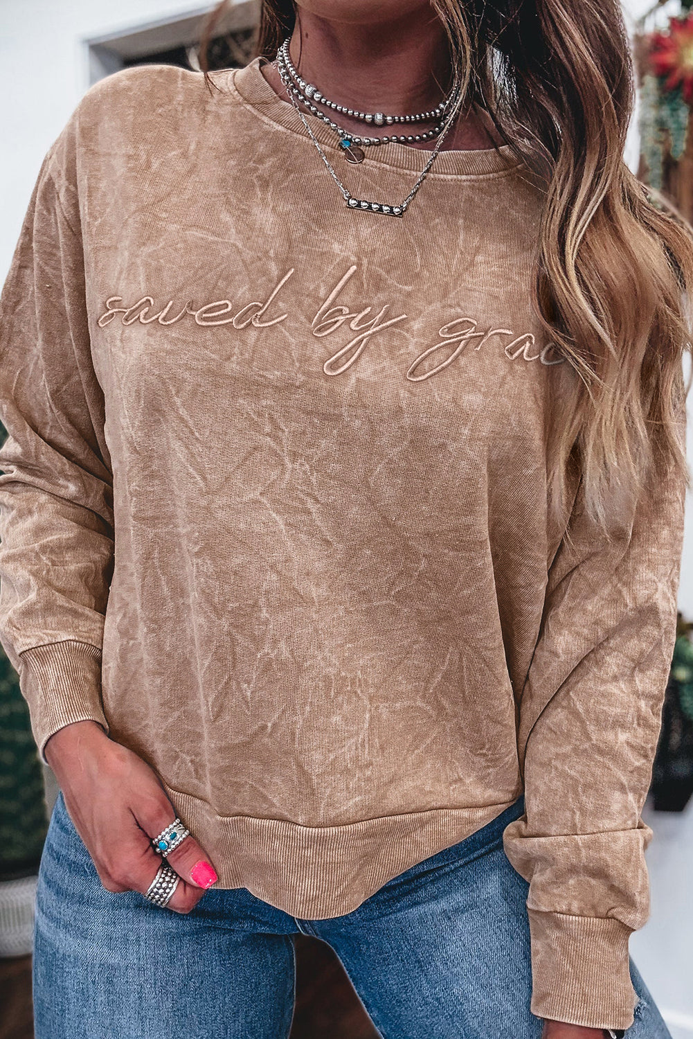 Dune saved by grace Letter Embroidery Mineral Wash Loose Sweatshirt