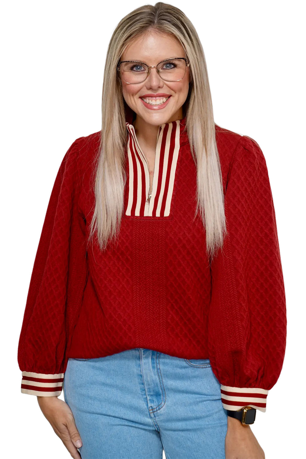 Racing Red Rhombus Textured Striped Patchwork Zip Neck Pullover Sweatshirt