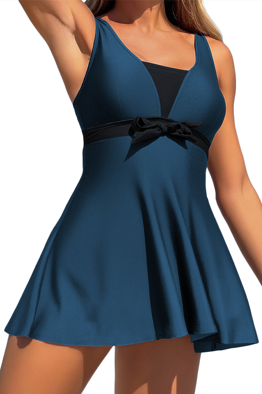 Blue Floral Print Patchwork Bow Knot Detail Sleeveless Swim Dress