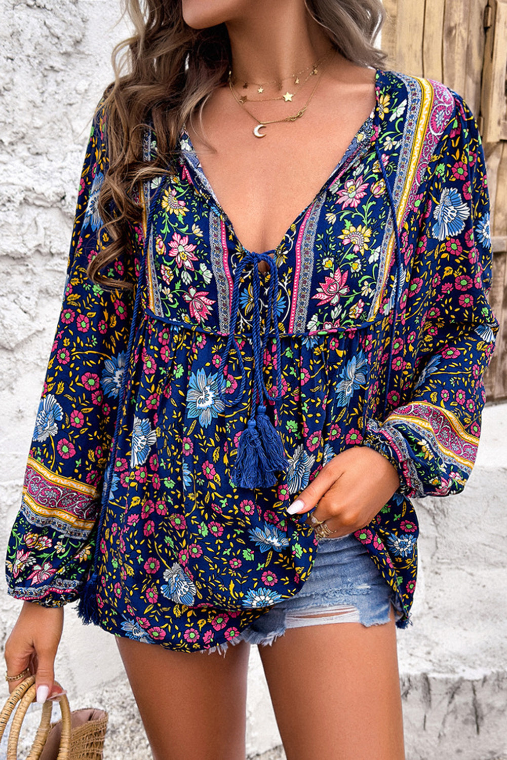 Blue Ethnic Print Tassel Tie Front Blouse