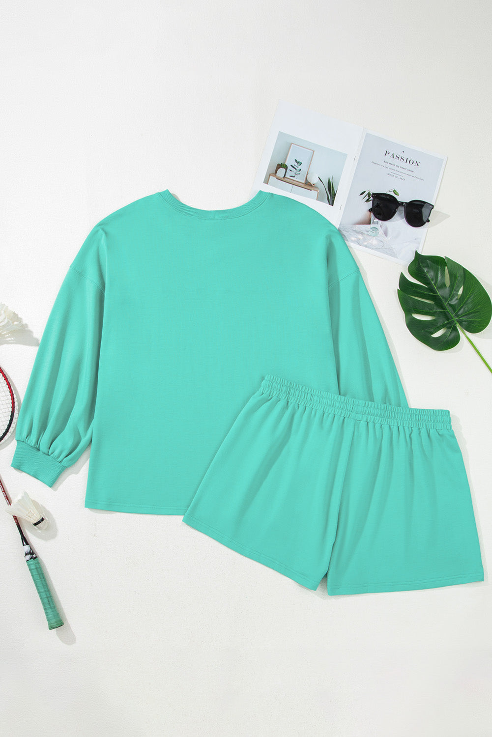 Sea Green Solid Color Plus Size Pullover and Loose Shorts Set