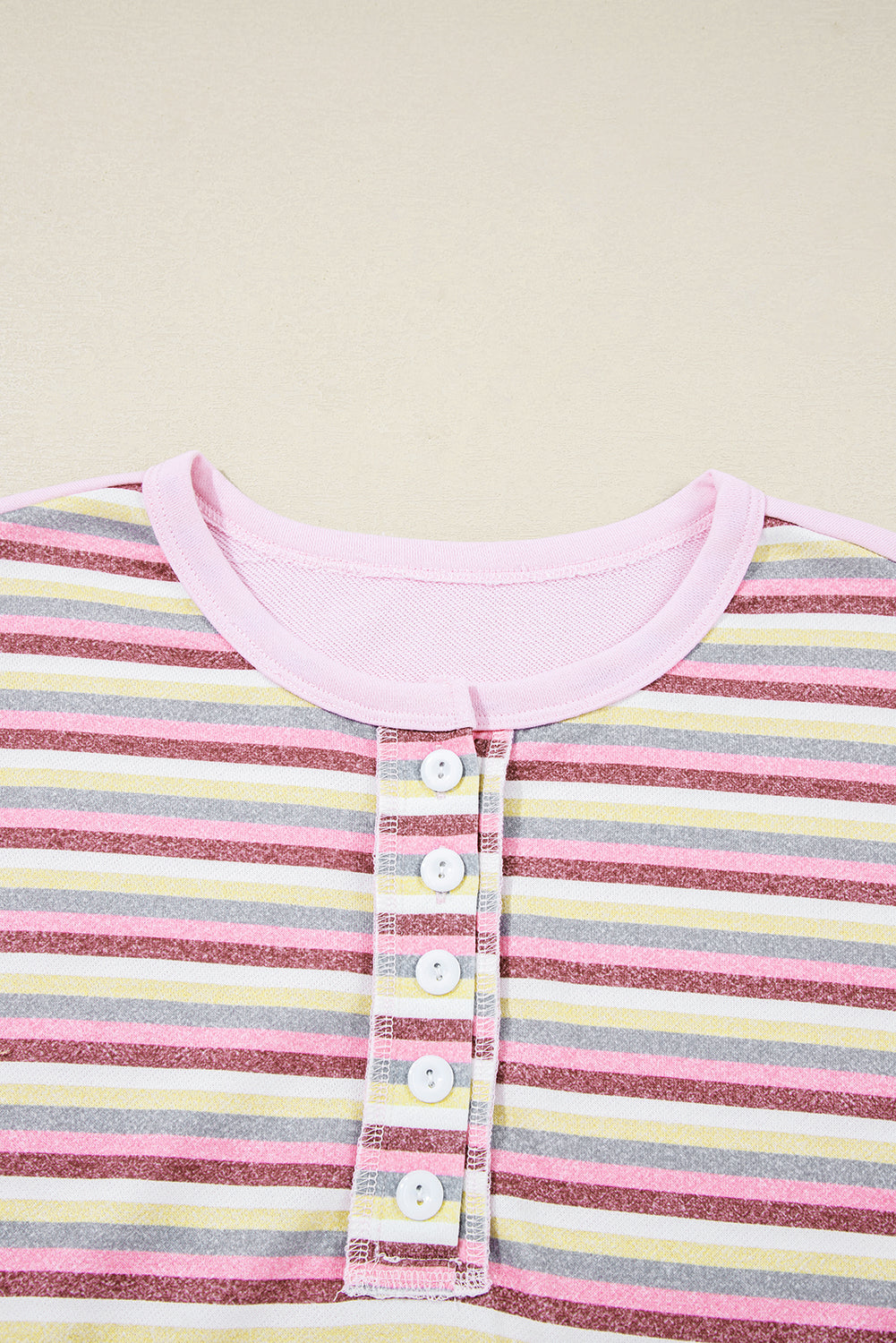 Pink Striped Patchwork Button V Neck Pullover Sweatshirt