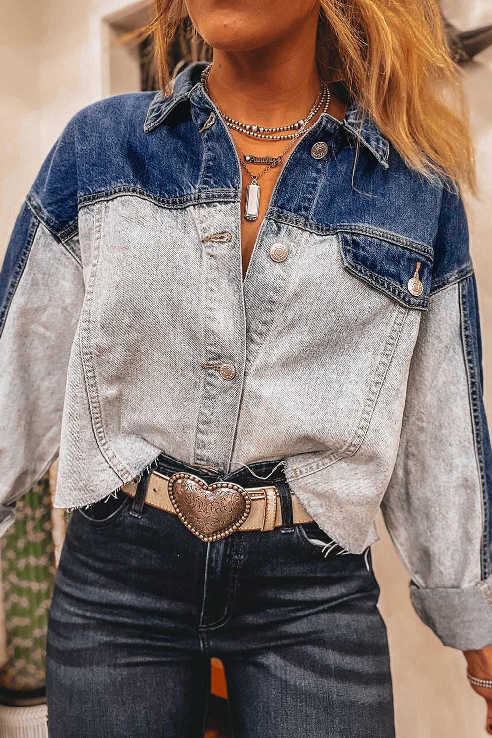 Dusk Blue Patchwork Flap Detail Distress Denim Jacket