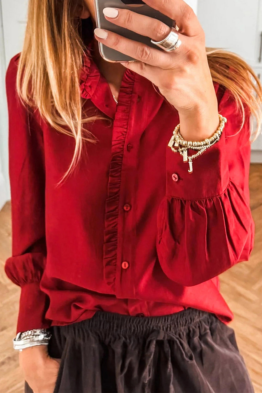 Fiery Red Frilled Trim Button Up Pleated Long Sleeve Shirt