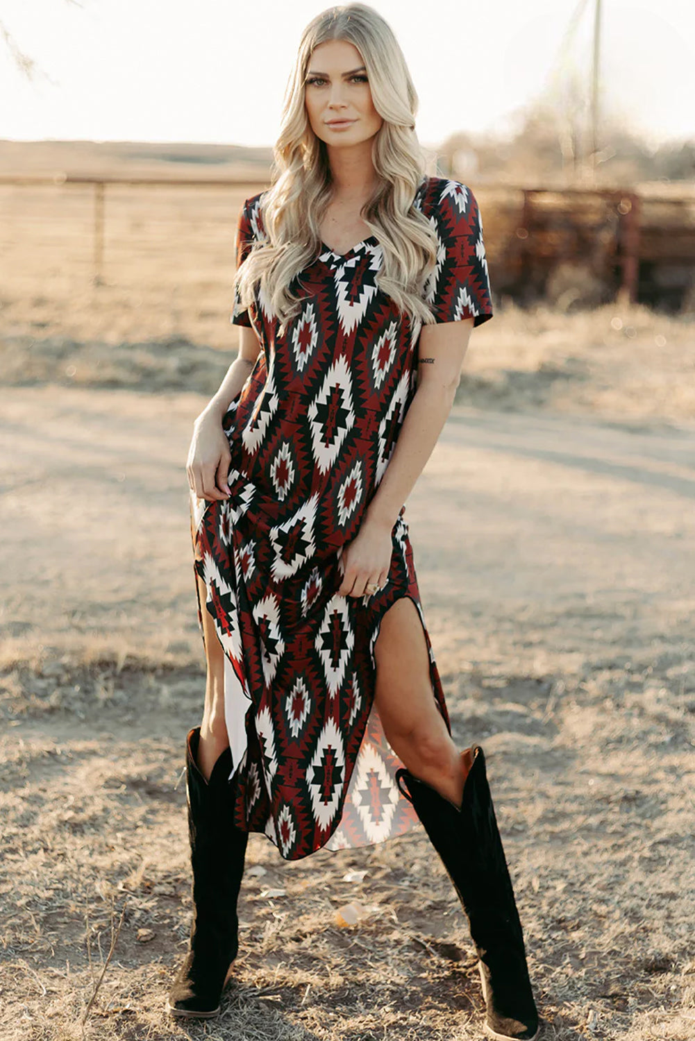Red Western Aztec Printed Long T-shirt Dress