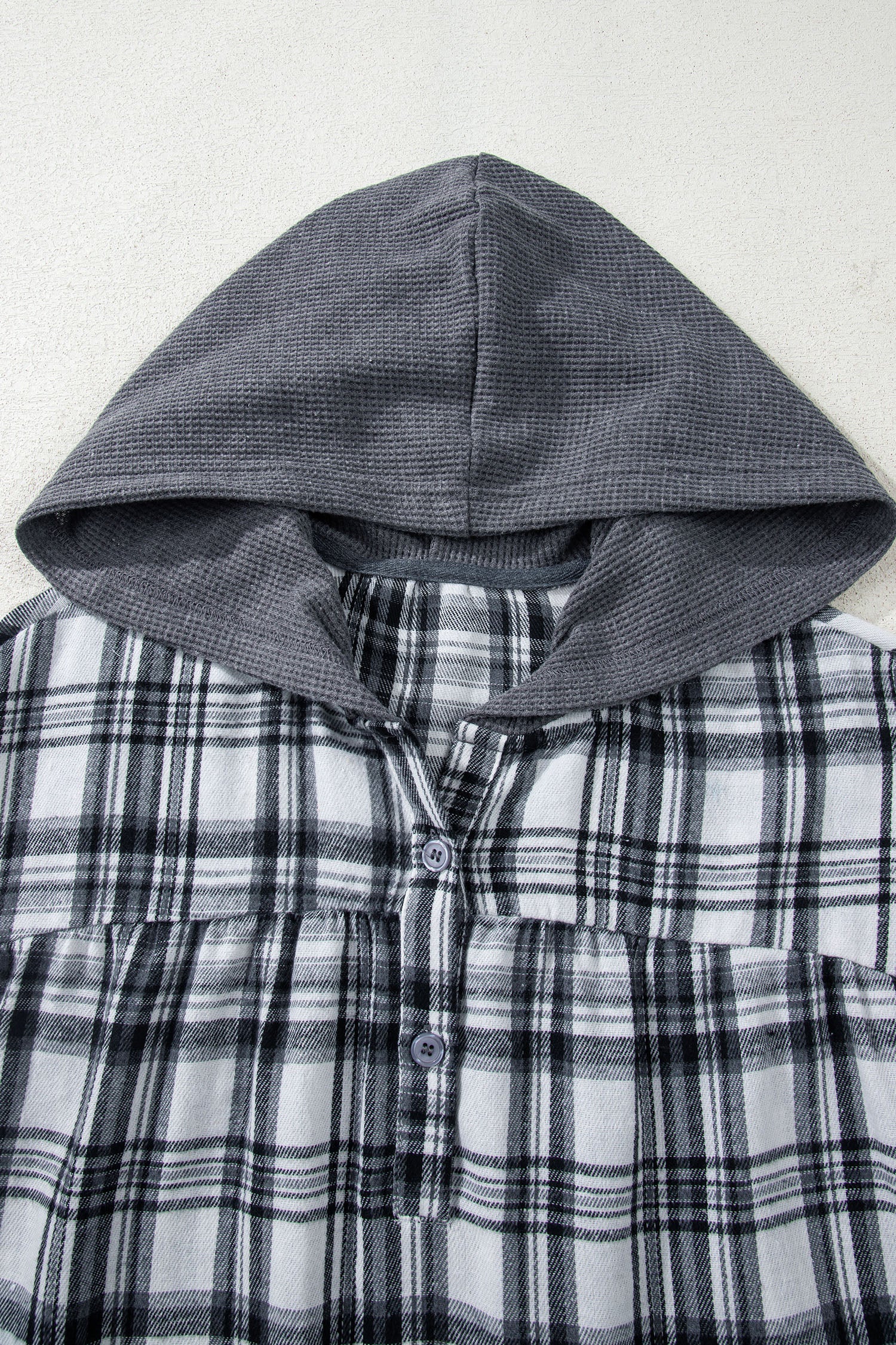 Gray Plaid Patchwork Long Sleeve Button Hooded Blouse