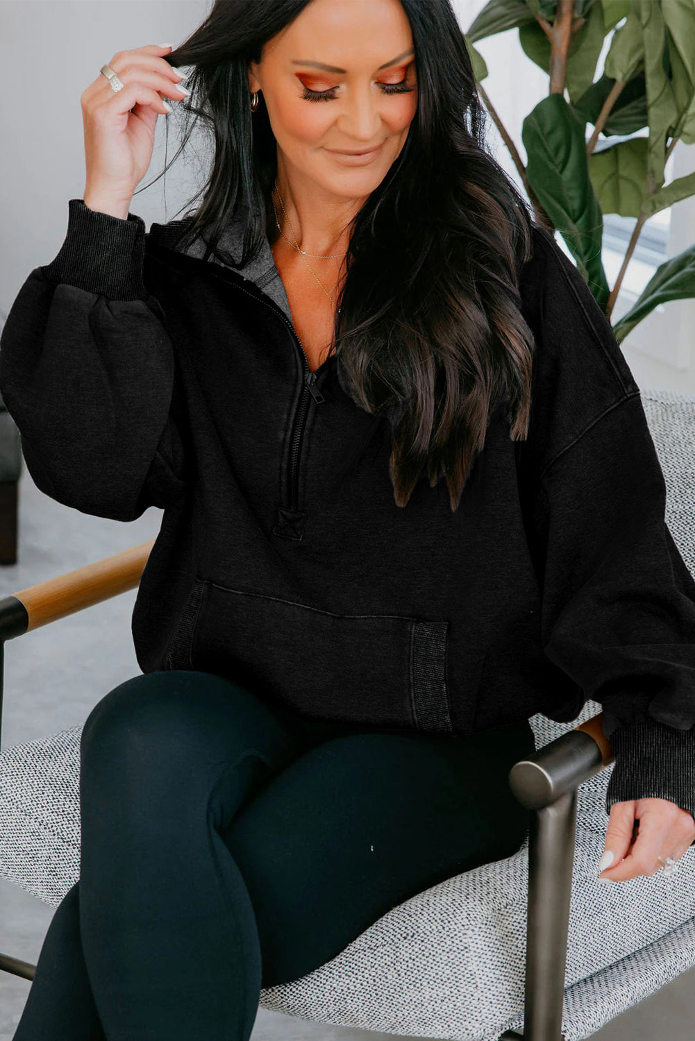 Wild Ginger  Half Zip Kangaroo Pocket Mineral Wash Baggy Hoodie