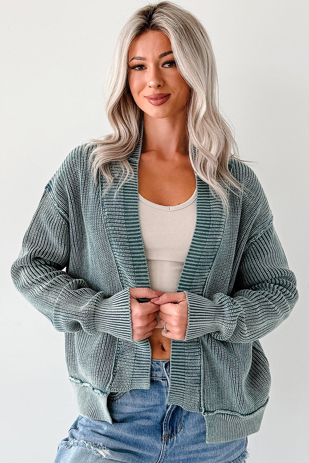 Evergreen Mineral Wash Exposed Seam Patchwork Knit Cardigan