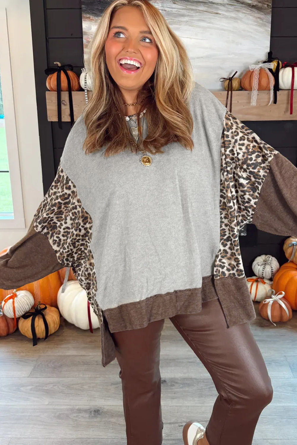 Gray Leopard Patchwork Dolman Sleeve High Low Baggy Sweatshirt