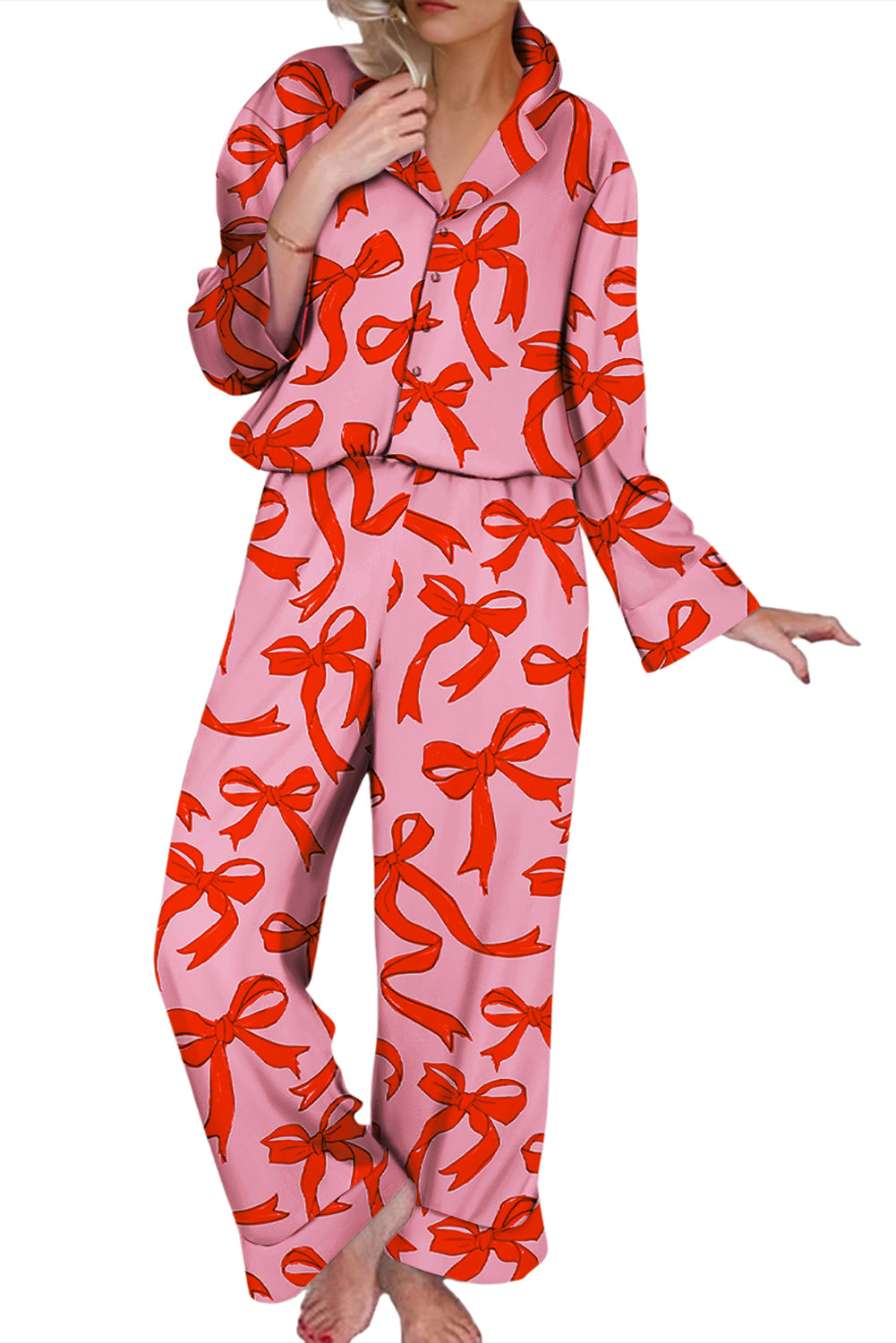 Ensemble de pyjama boutonné et pantalon ample à imprimé nœud rose