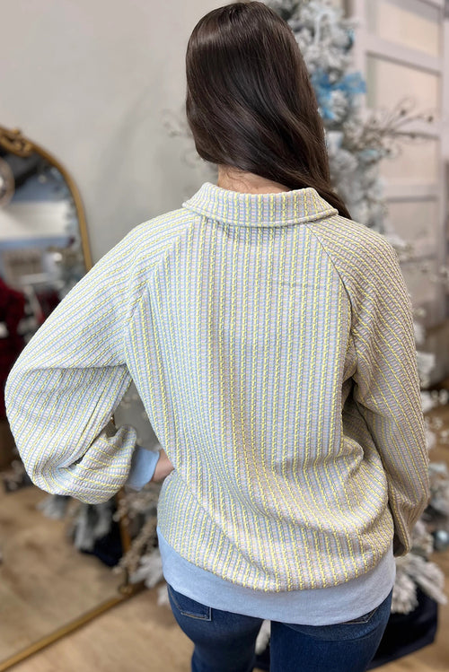 Beau Blue Striped Henley Collar Textured Sweatshirt