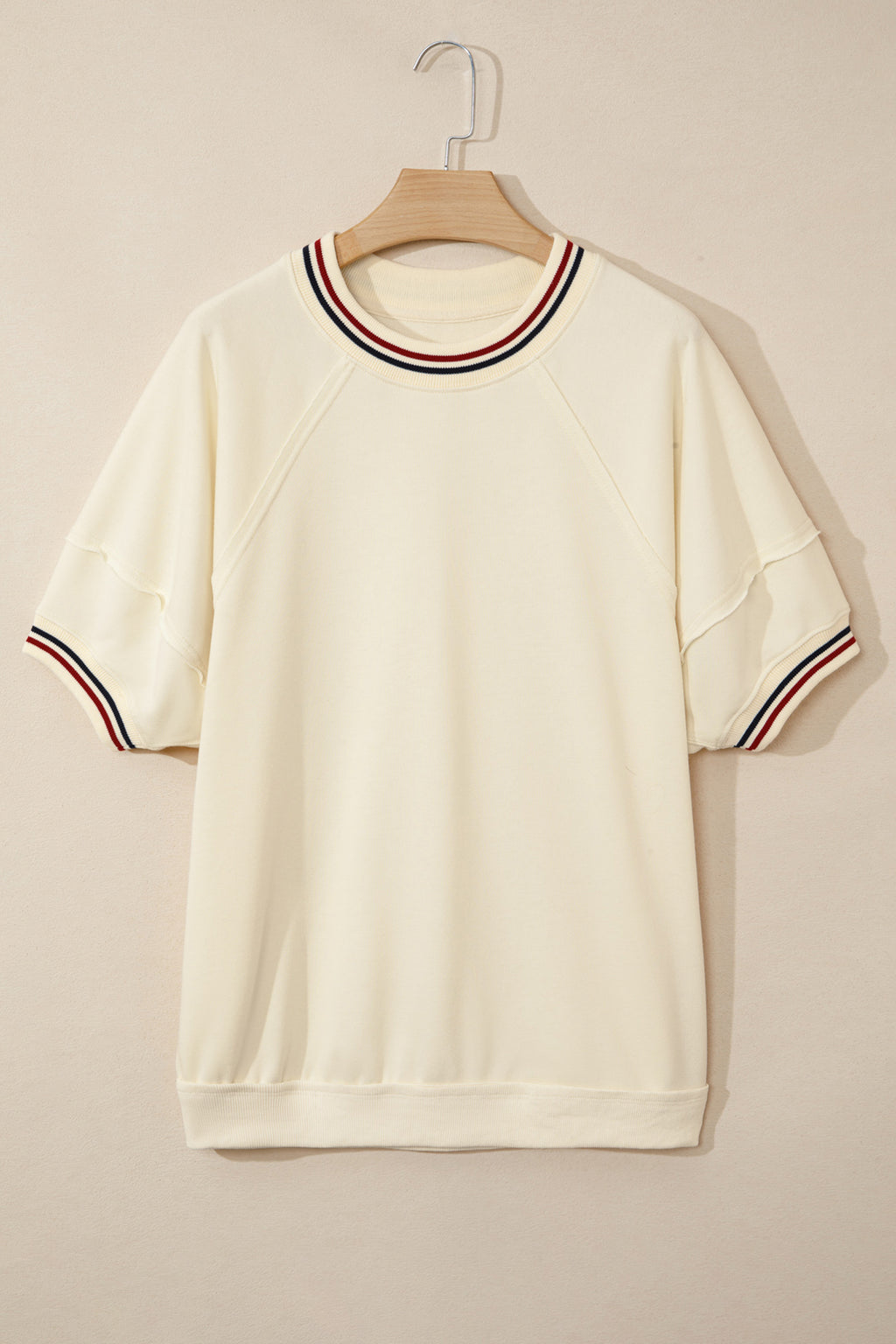 Beige Contrast Varsity Striped Neckline Cuffed Short Sleeve Loose Tunic Top