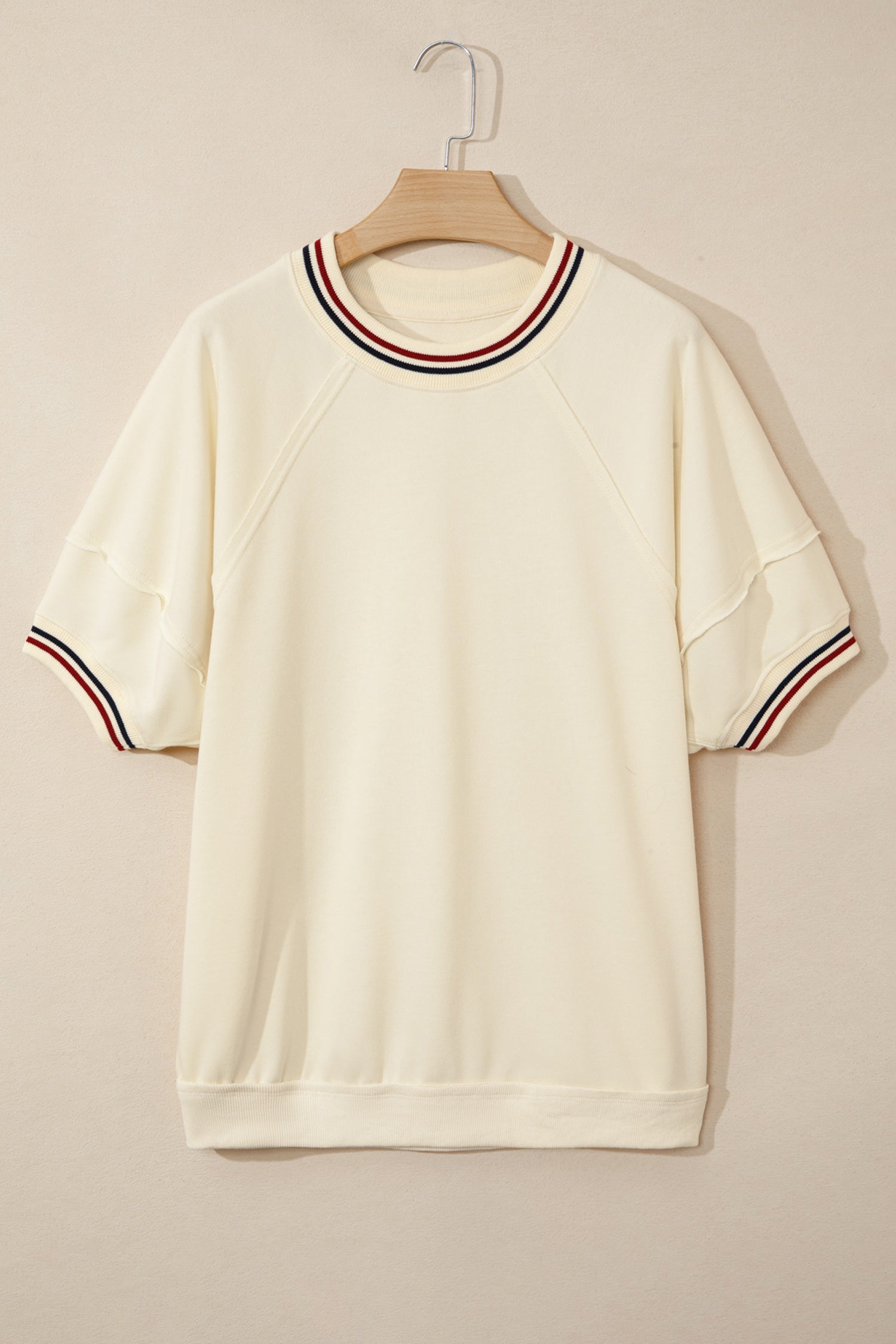 Beige Contrast Varsity Striped Neckline Cuffed Short Sleeve Loose Tunic Top