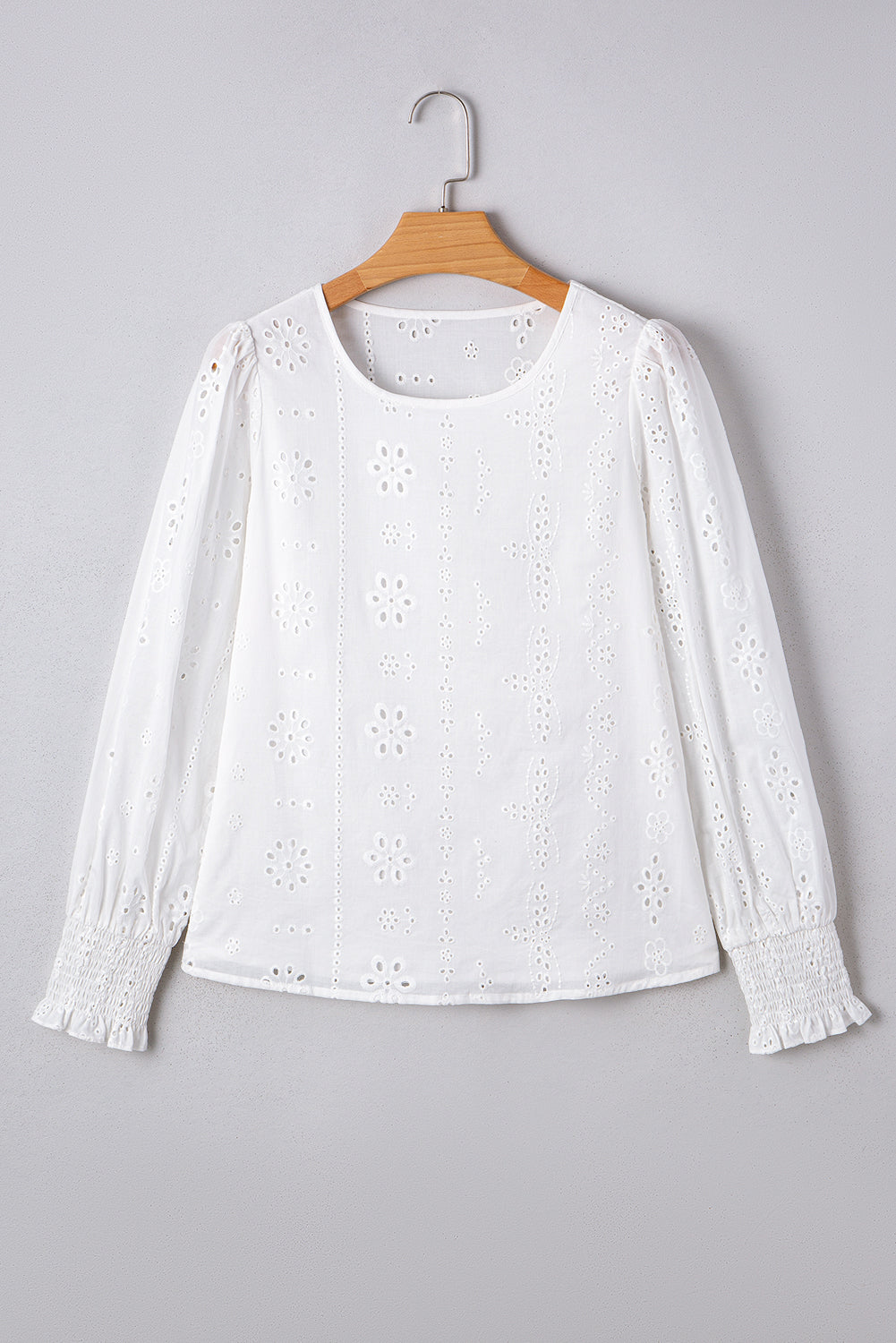 White Eyelet Embroidered Smocked Cuffs Blouse