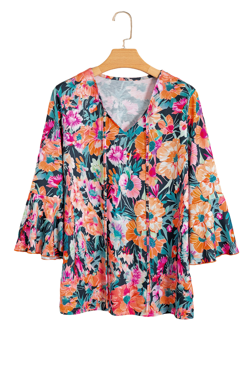 Chemisier noir à fleurs, manches 3/4 évasées et col en V noué