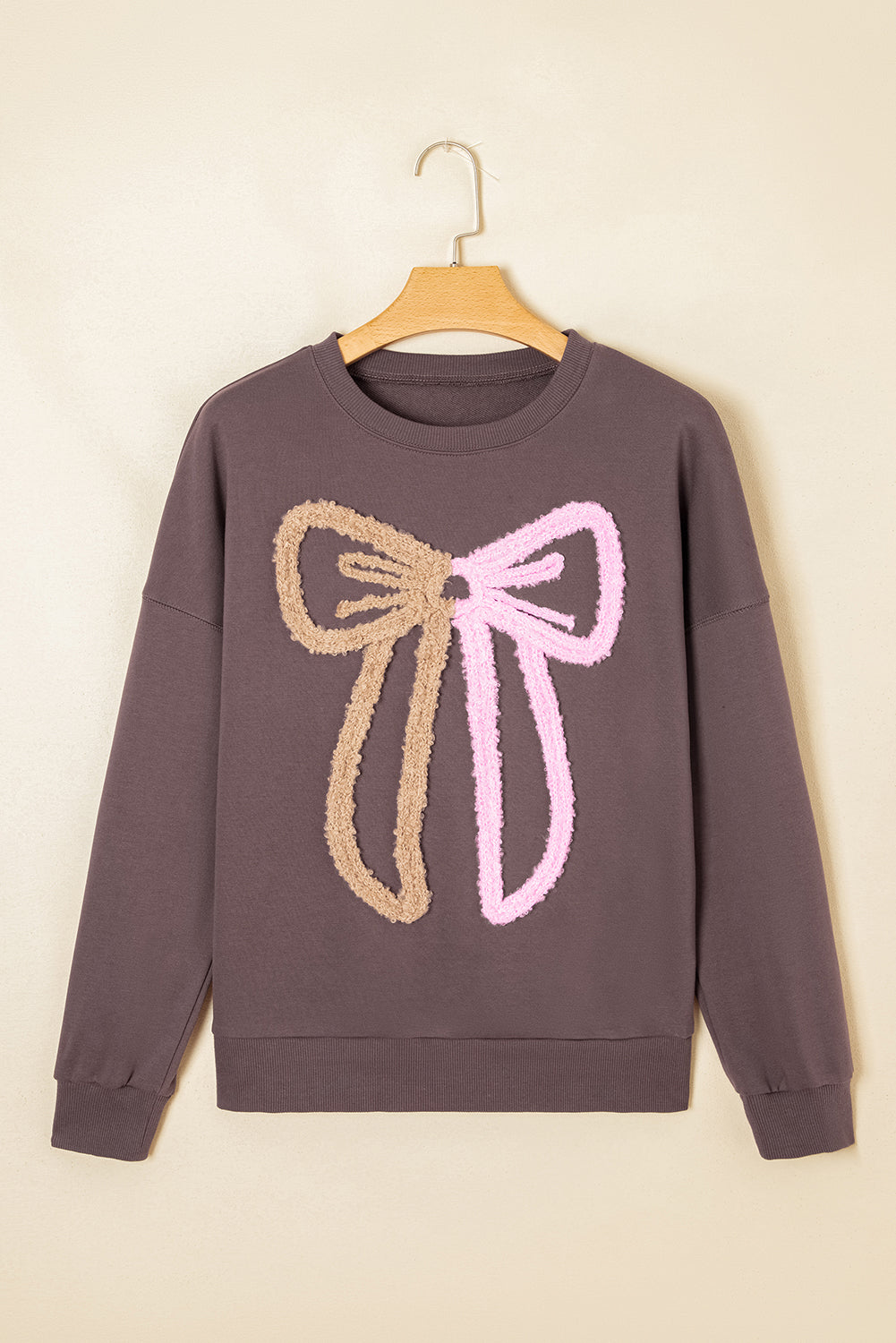 Dark Khaki Terry Bow Pattern Drop Shoulder Sweatshirt