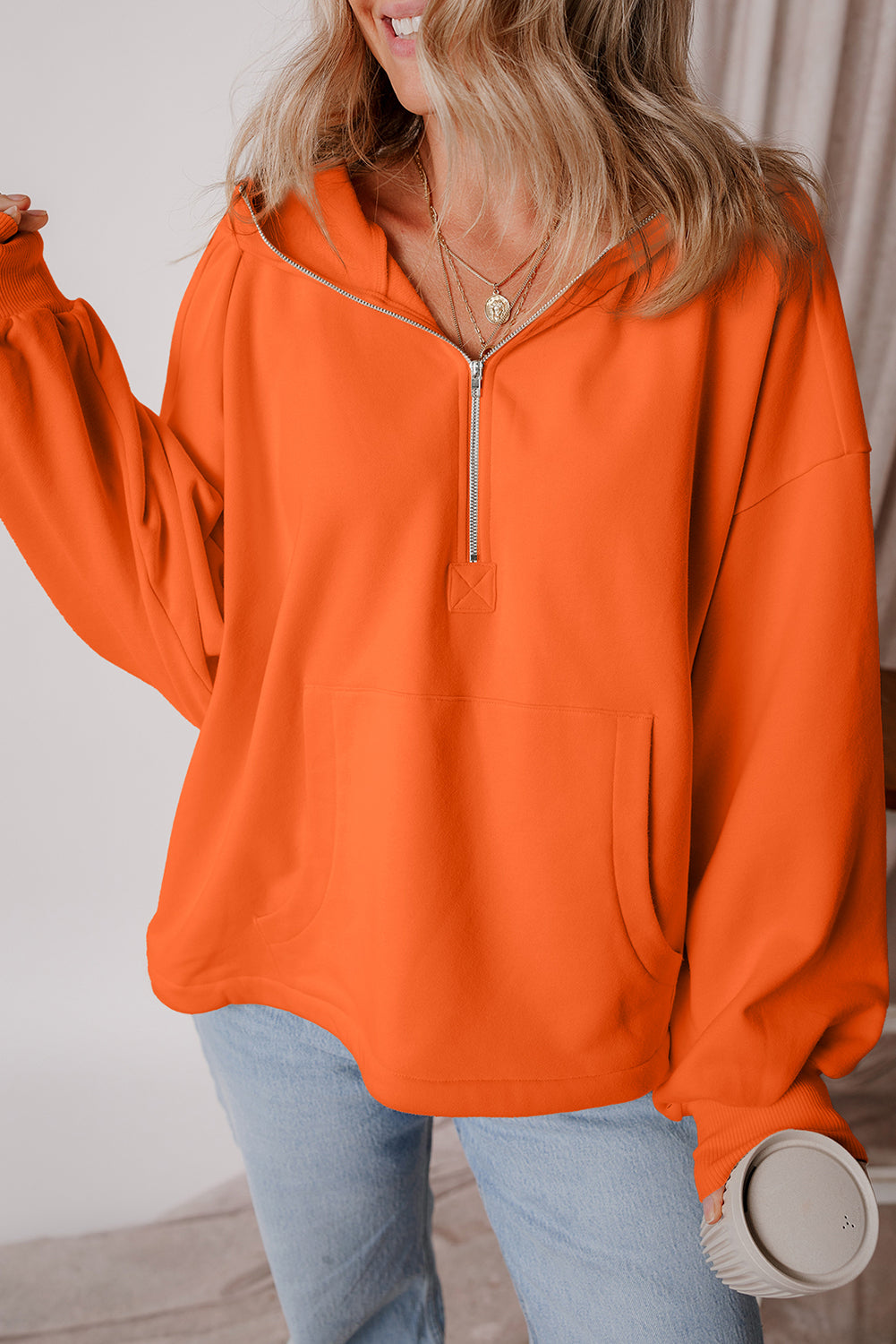 Orange Half Zipper Kangaroo Pockets Drop Shoulder Hoodie