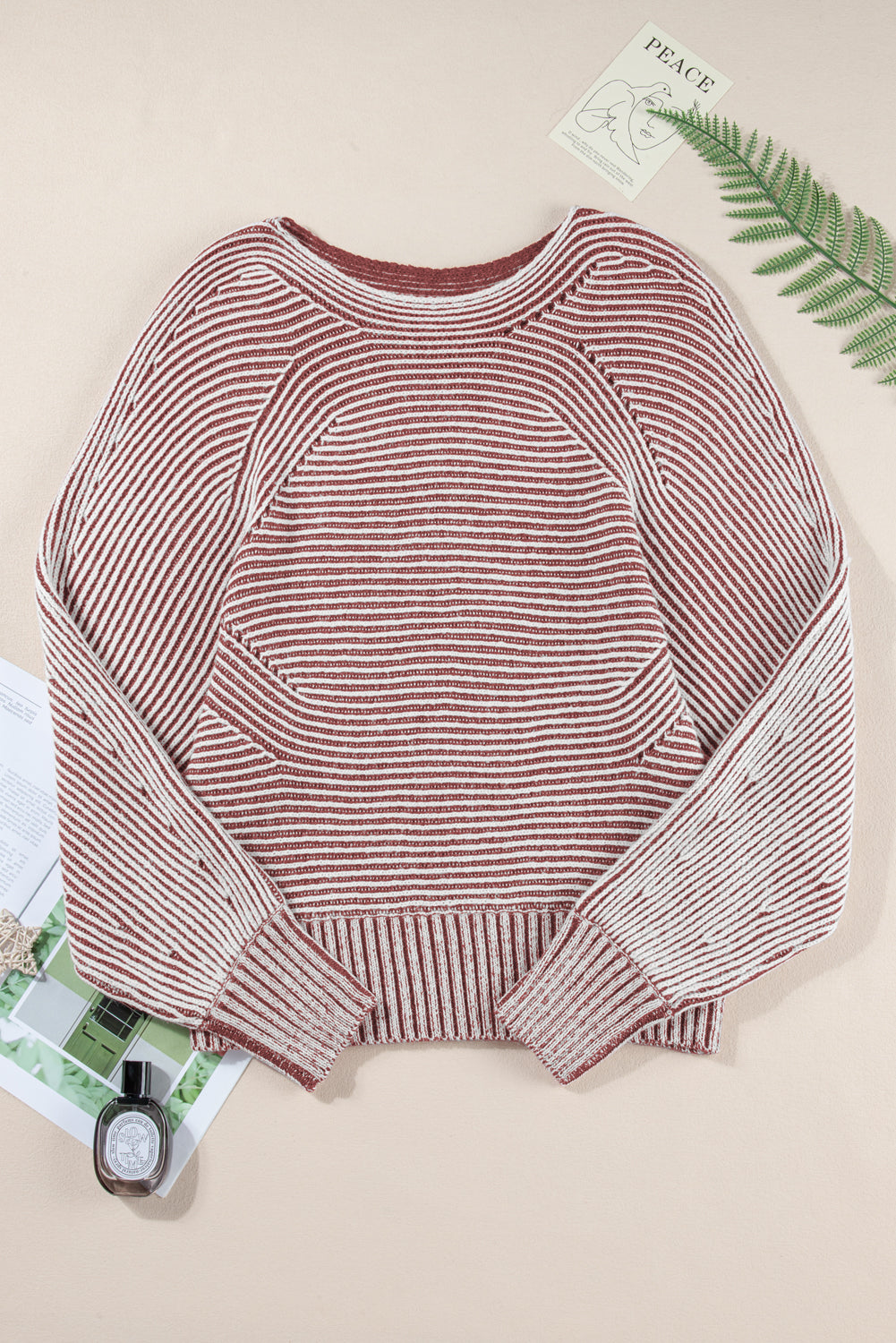 Light French Beige Striped Print Ribbed Knit Raglan Sleeve Baggy Sweater