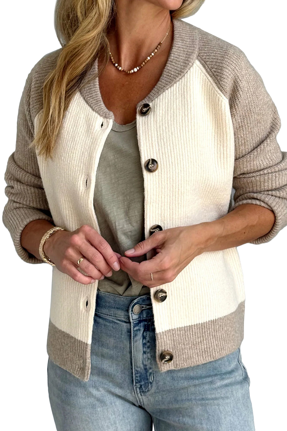 White Colorblock Button Front Casual Cardigan