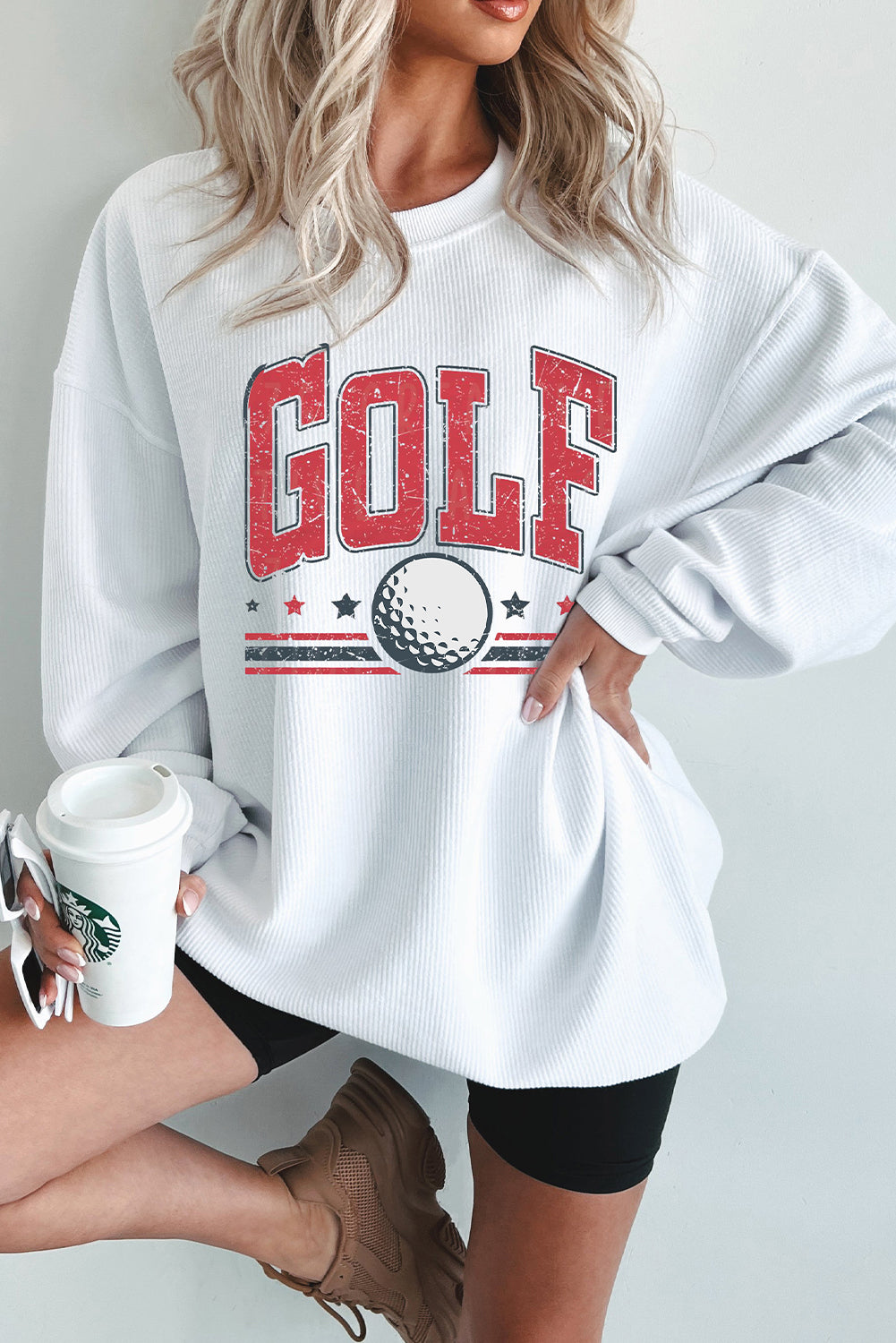 White GOLF Ball Print Ribbed Drop Shoulder Baggy Sweatshirt