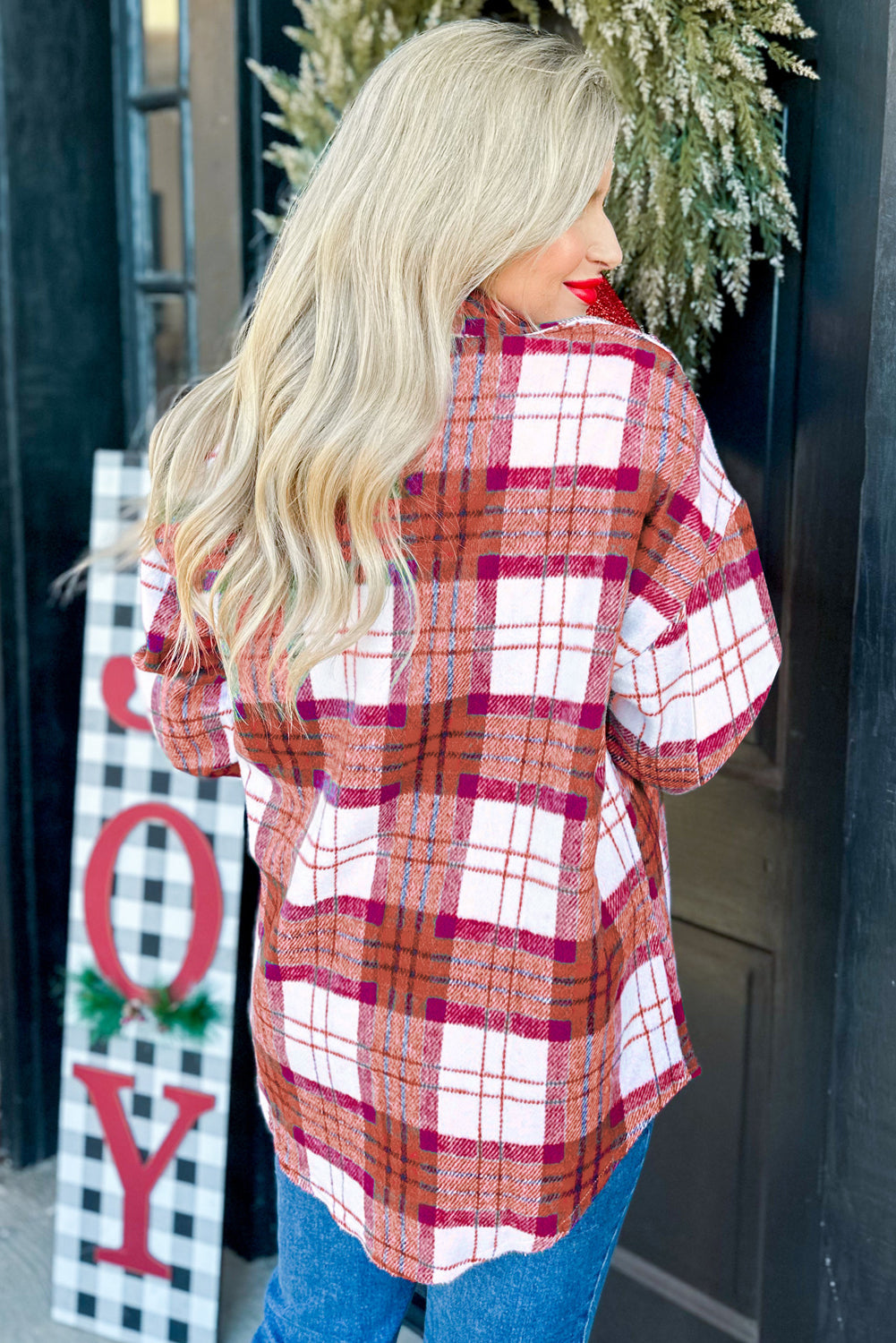 Rose Christmas Plaid Casual Flannel Shacket