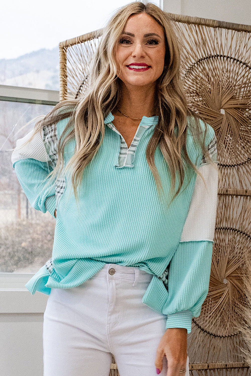 Aruba Blue Corded Texture Plaid Patchwork Split Neck Long Sleeve Top