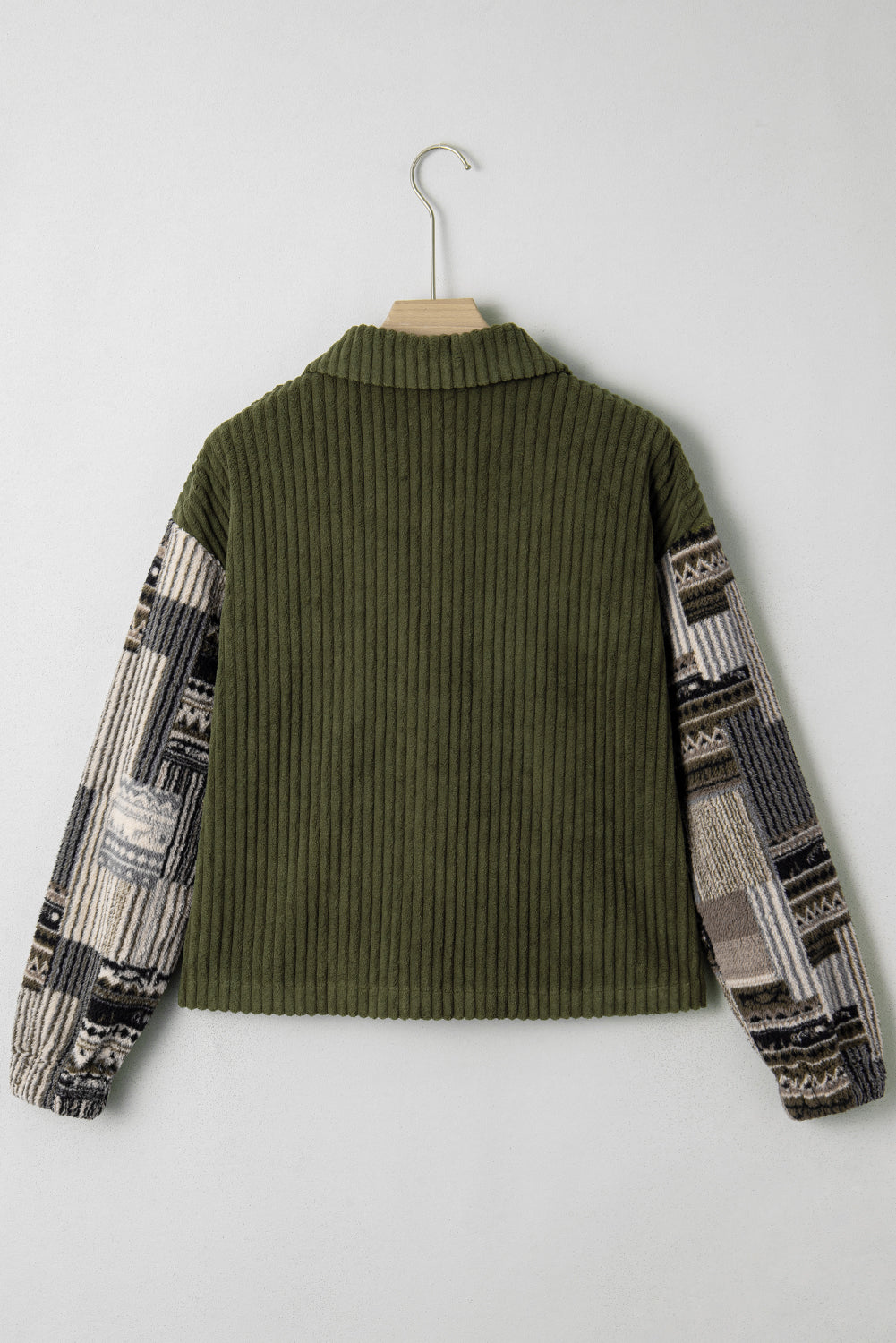 Jungle Green Ribbed Fleece Plaid Print Patchwork Button Up Jacket