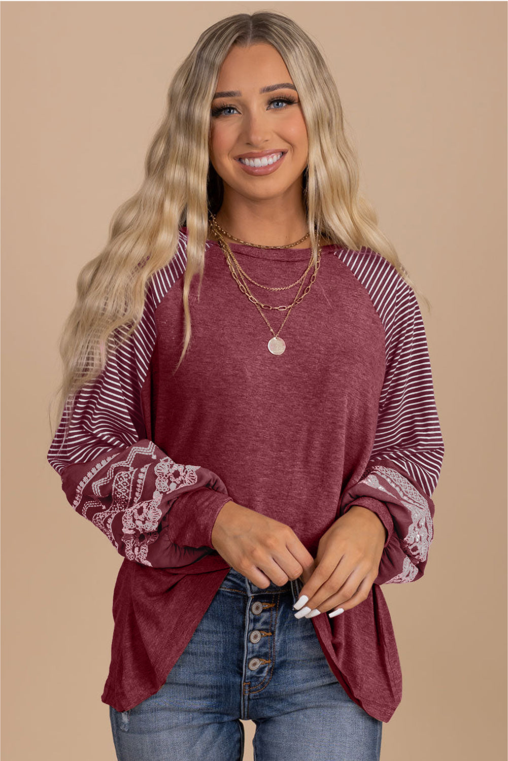 Medium Grey Contrast Print Striped Raglan Long Sleeve Loose Top