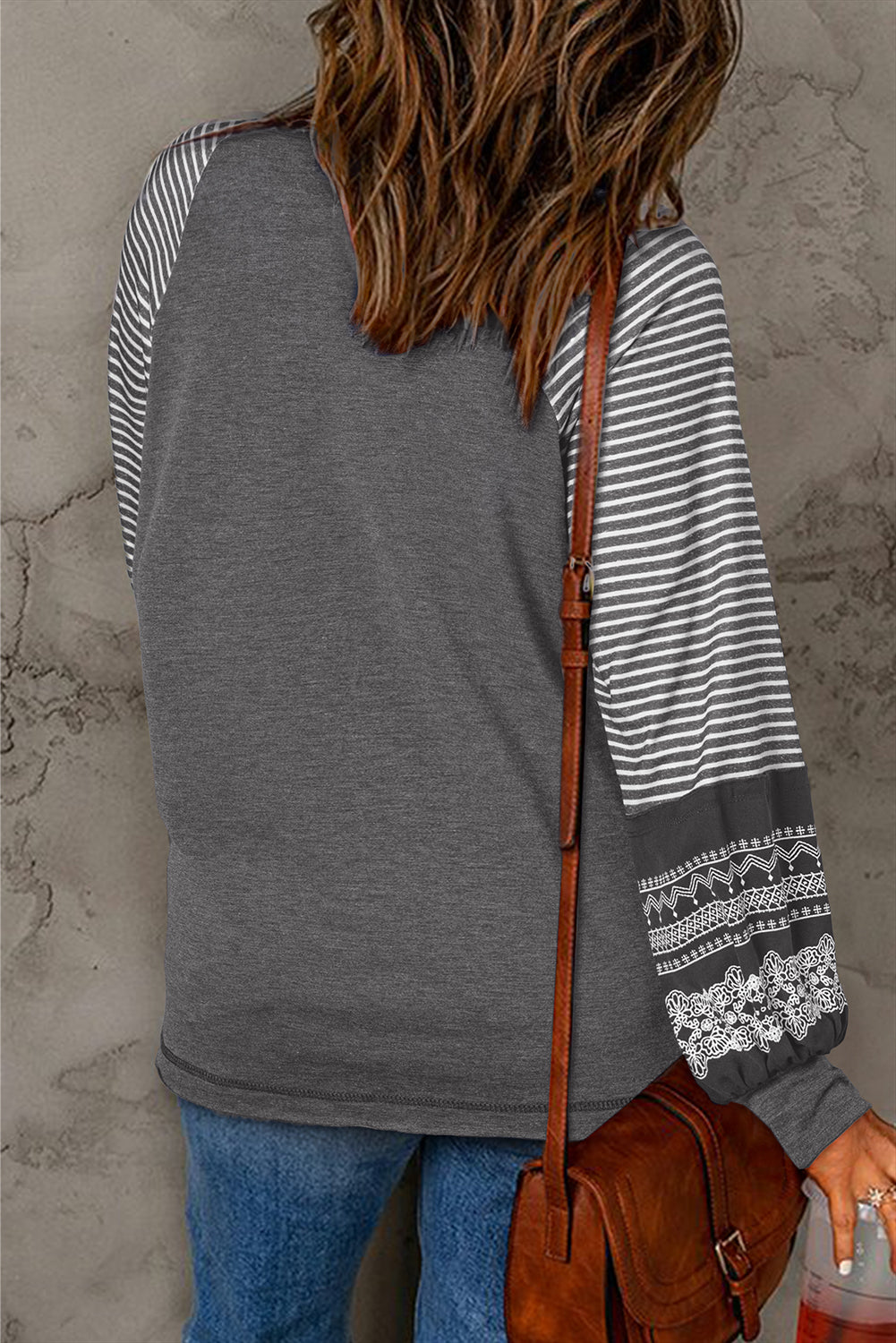 Medium Grey Contrast Print Striped Raglan Long Sleeve Loose Top