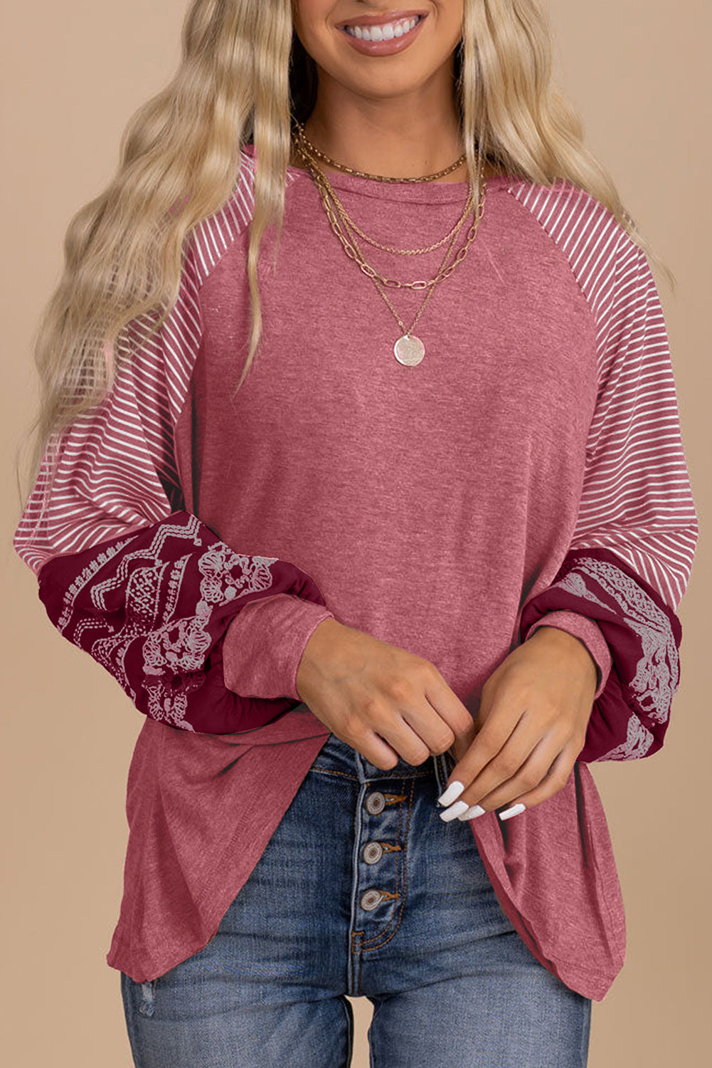 Medium Grey Contrast Print Striped Raglan Long Sleeve Loose Top