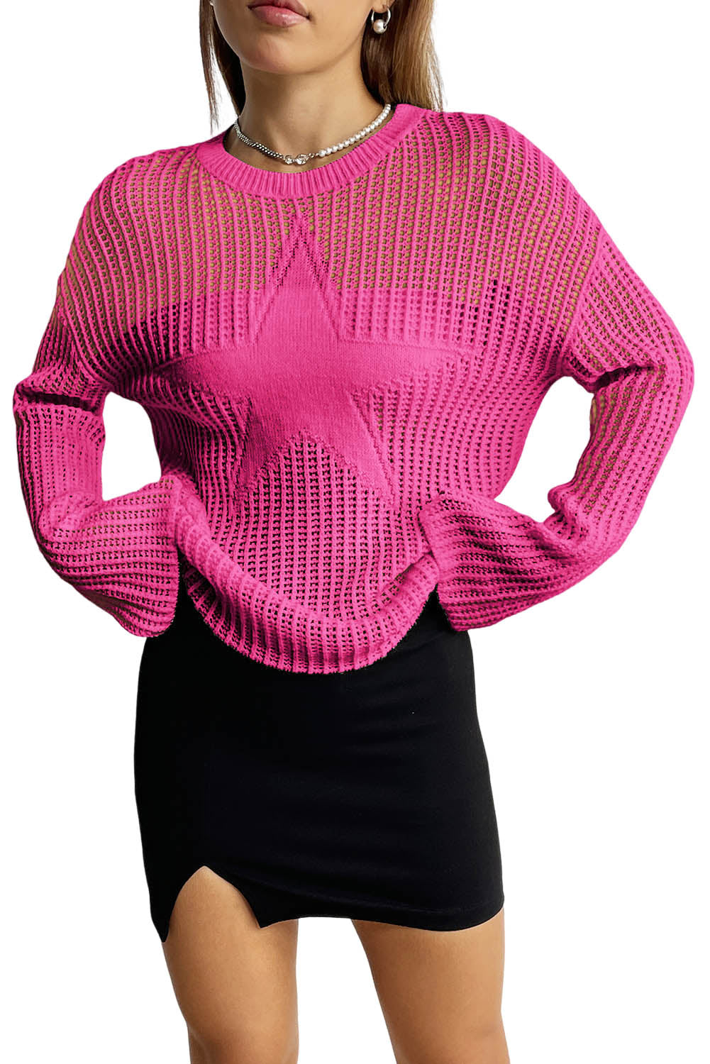 Rose Star Pattern Lightweight Hollow Knit Sweater