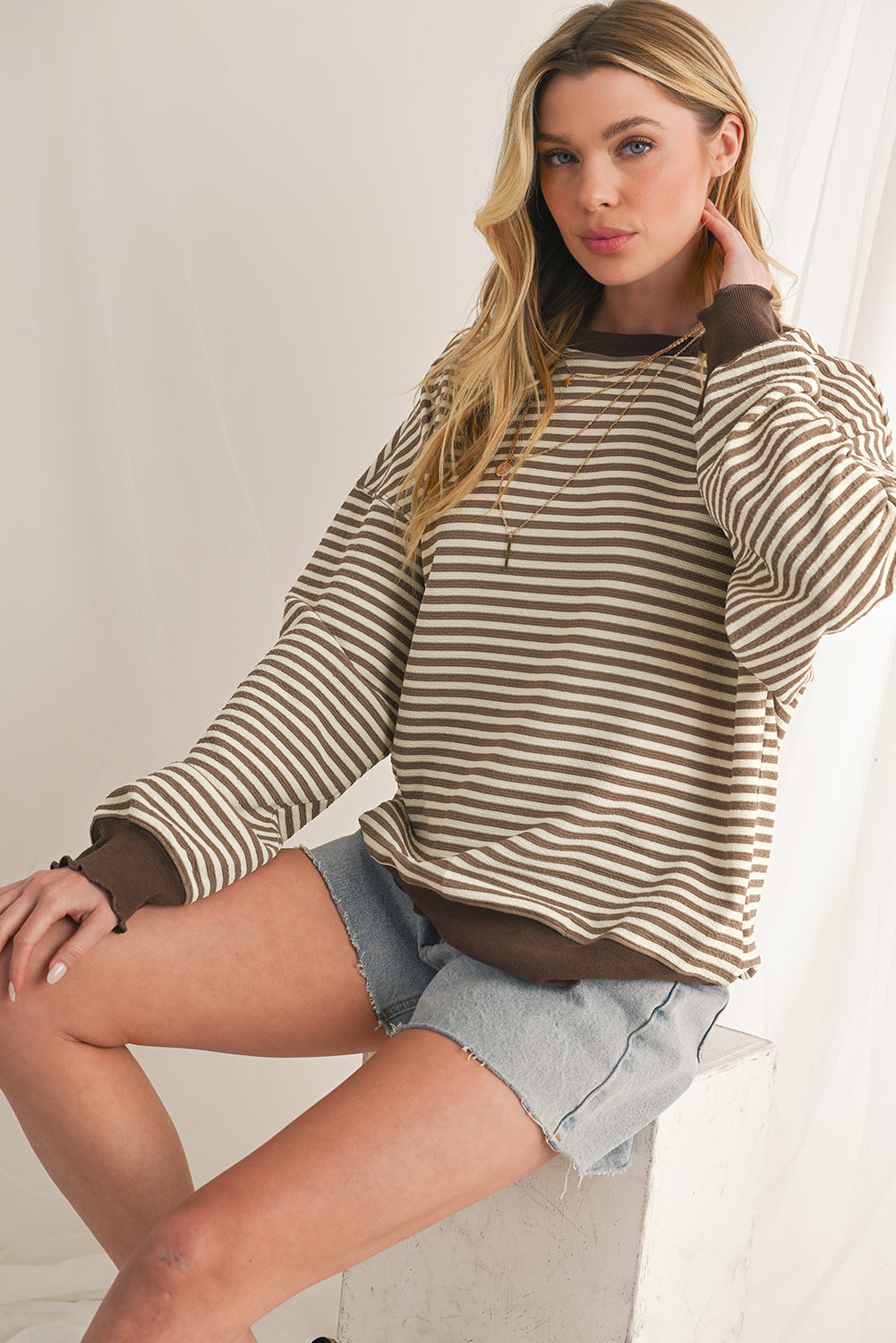 Brown Stripe Drop Shoulder Long Sleeve Top