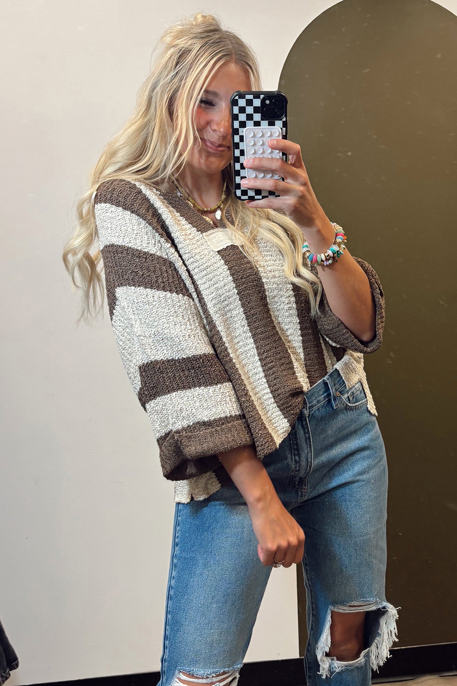 Brown Stripe Colorblock V Neck Bracelet Sleeve Sweater