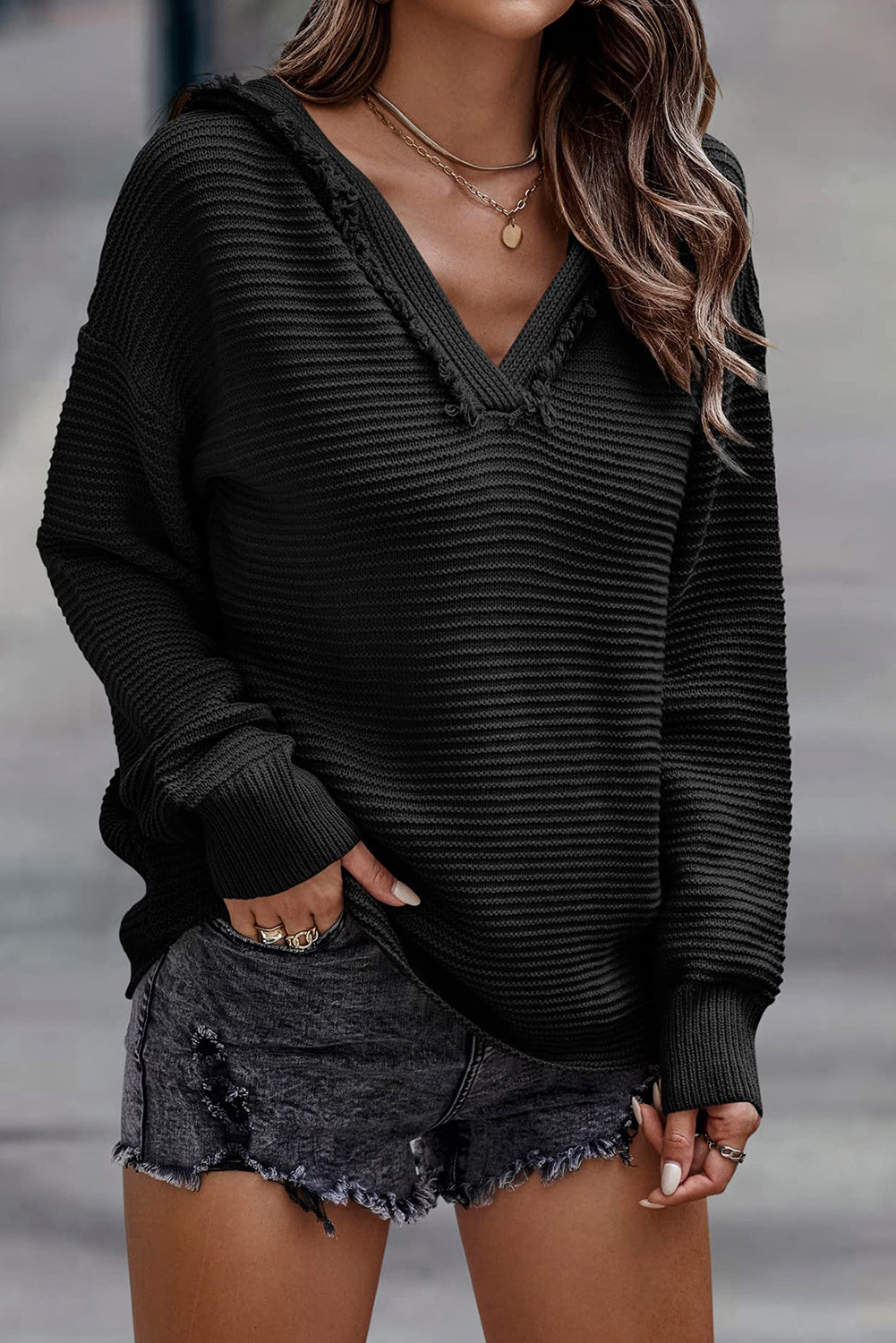 Black Split V Neck Pullover Knit Hooded Sweater