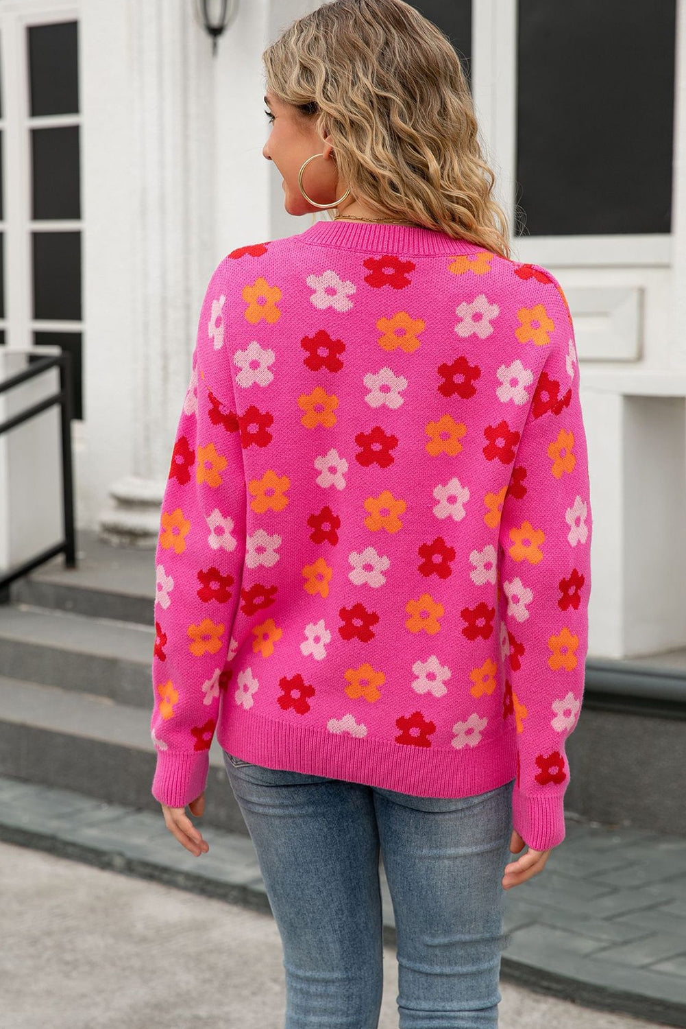 Rose Cute Flower Allover Ribbed Trimmed Drop Shoulder Pullover Sweater