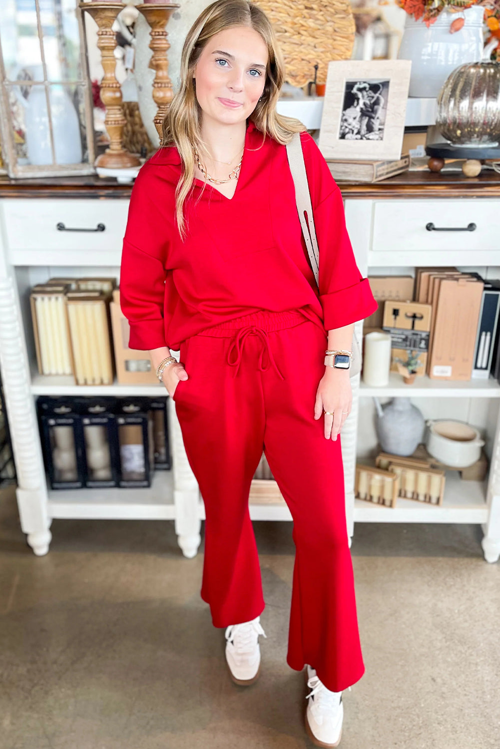 Fiery Red Plain V Neck Pullover Drawstring Bell Bottom Pants Set