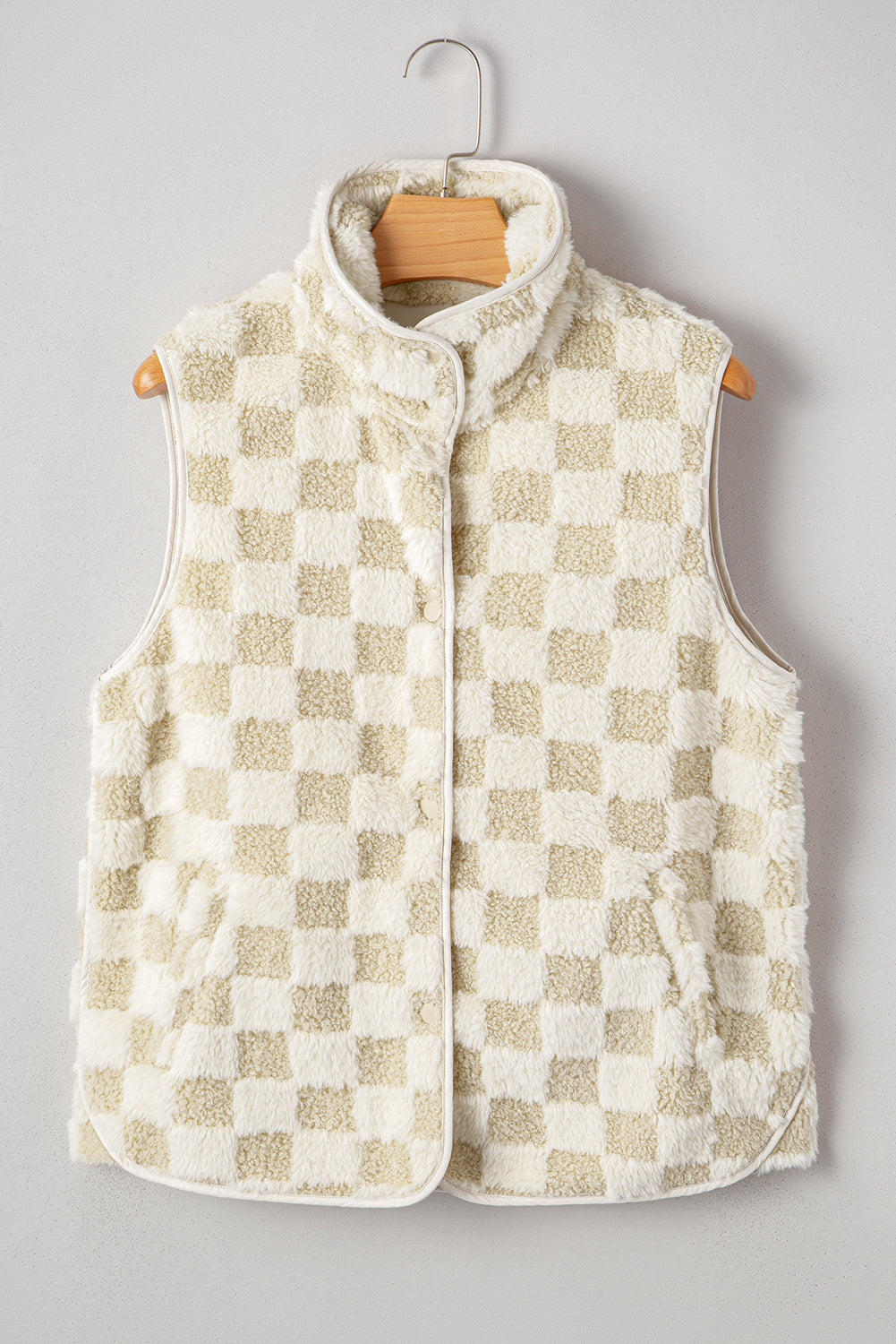Khaki Sherpa Checkerboard Snap Button Vest Jacket