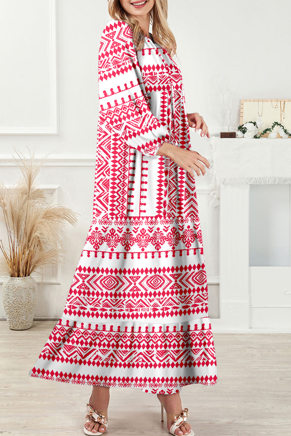 Red Boho Printed Half Sleeve Maxi Dress