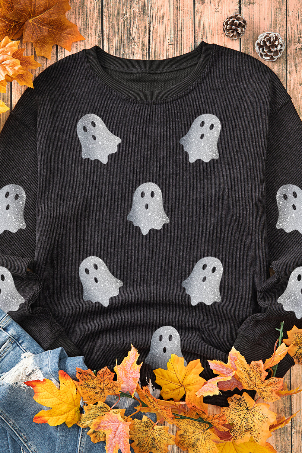 Pink Halloween Ghost Corded Crew Neck Loose Sweatshirt