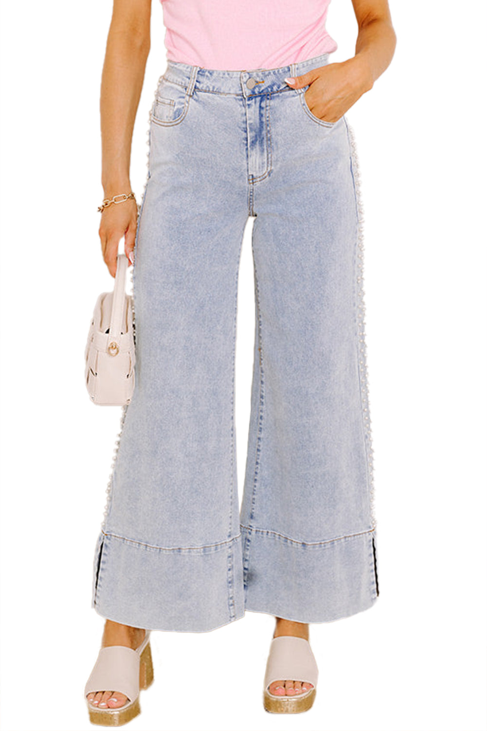 Beau Blue Mid Rise Pearl Embellished Split Wide Leg Jeans