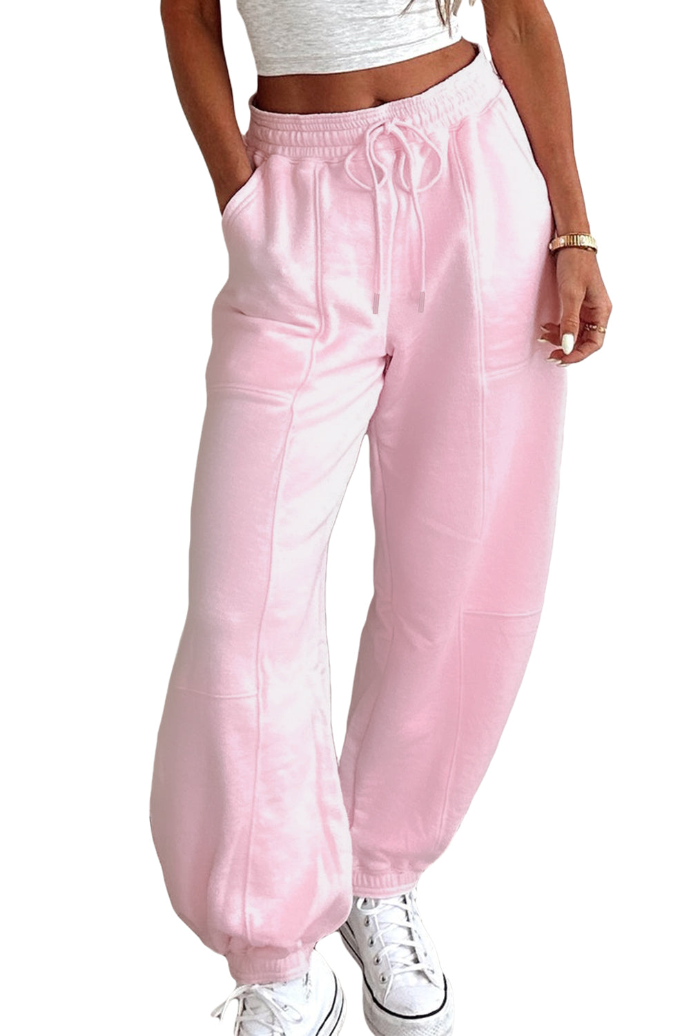 Lilac Tie Elastic Waist Solid Color Patchwork Jogger Pants