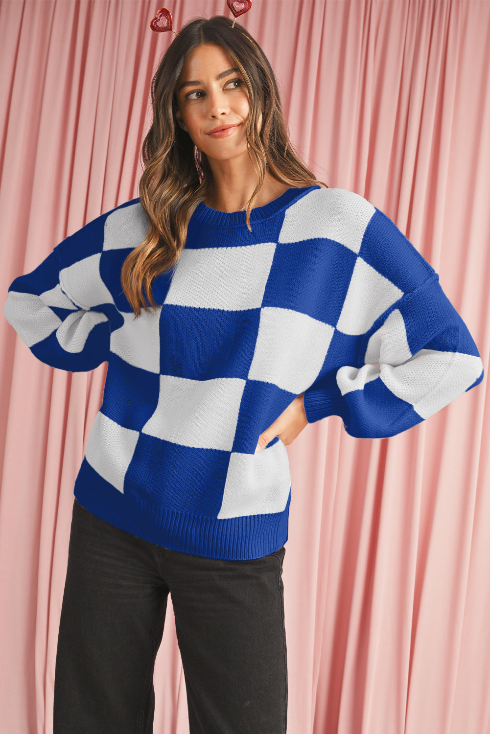 Pull à manches bouffantes à carreaux bleu foncé