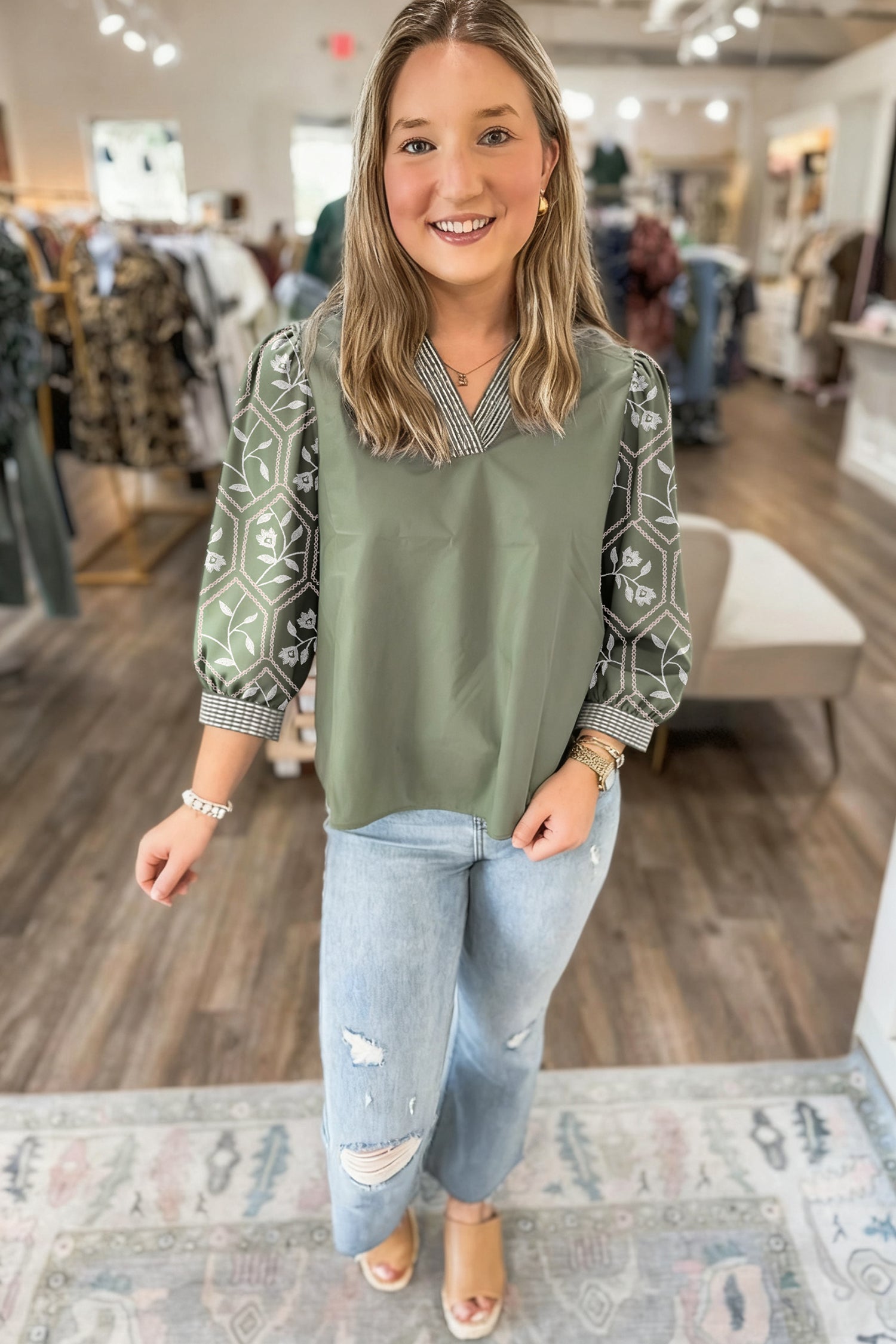 White Floral Puff Sleeve Contrast V Neck Patchwork Blouse