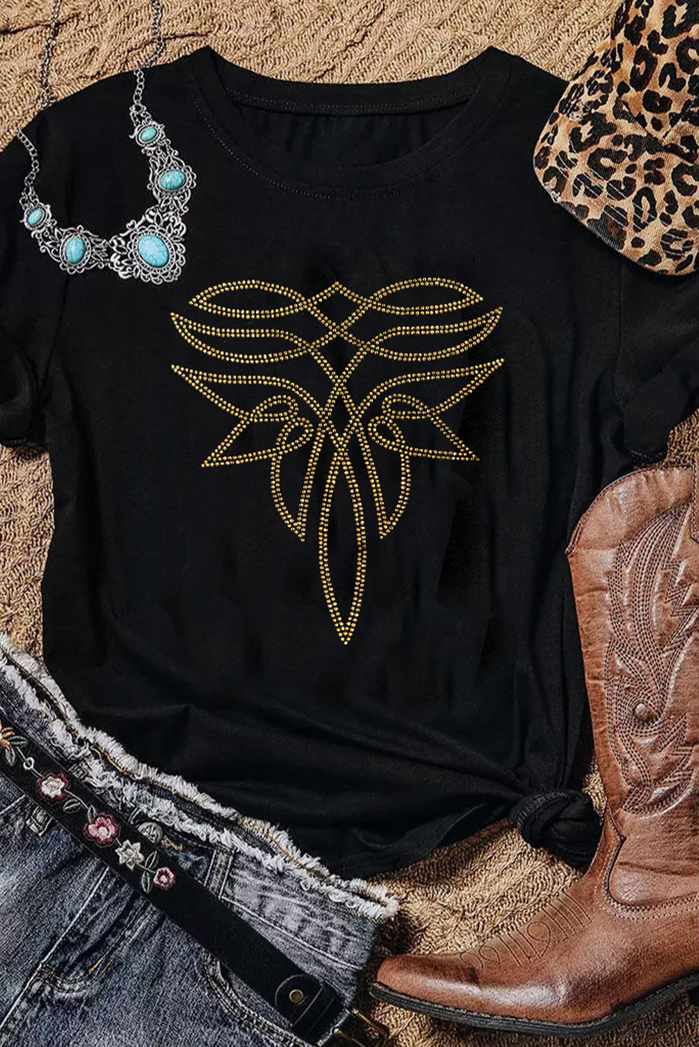 Black Rhinestone Boot Stitch Pattern Printed Cotton Blend Tee