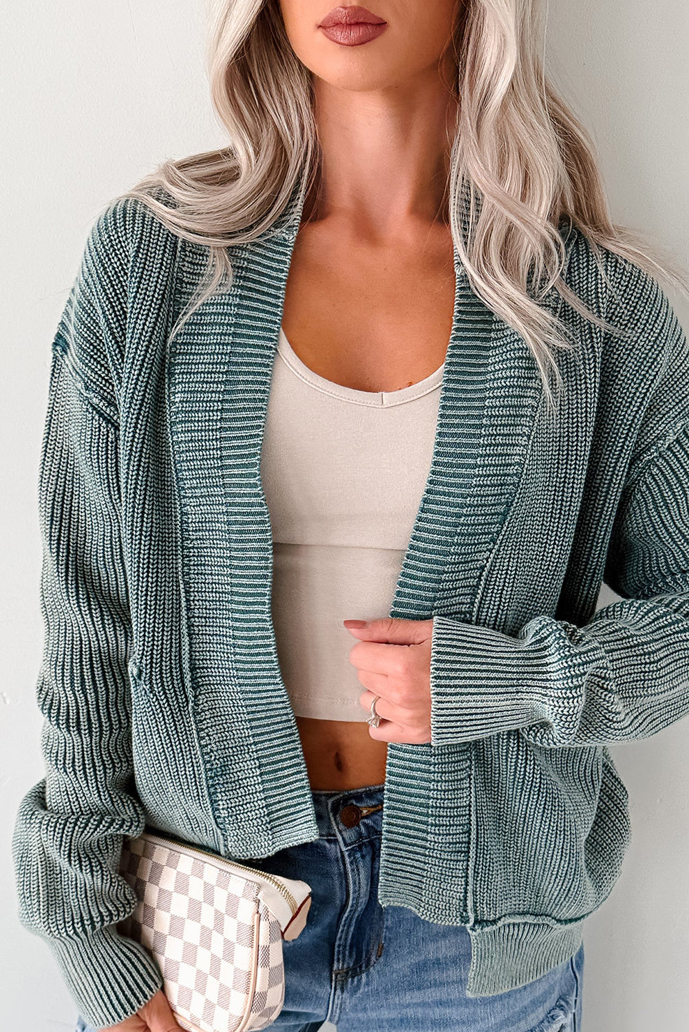 Evergreen Mineral Wash Exposed Seam Patchwork Knit Cardigan