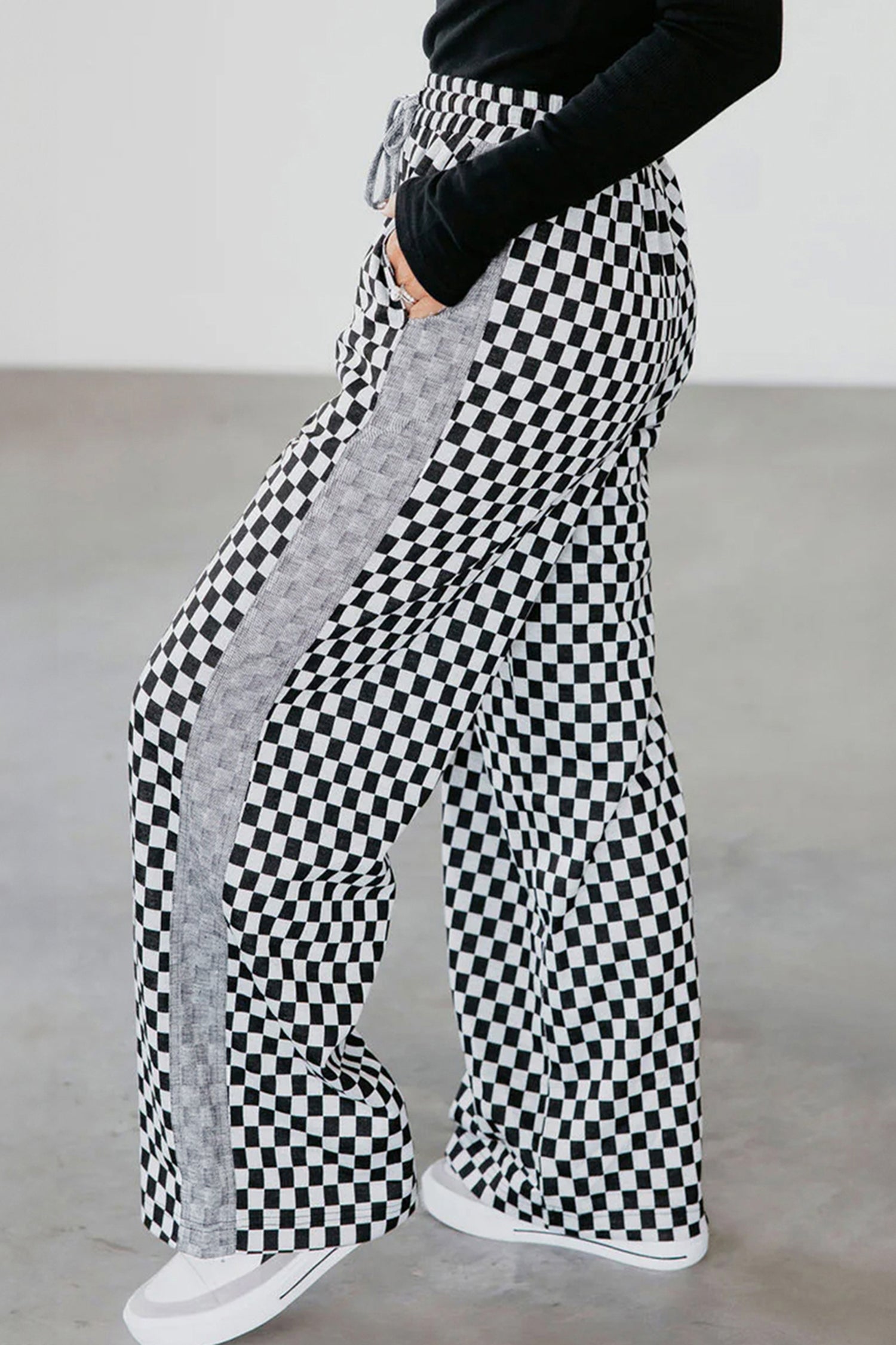 White Checkerboard Drawstring Waist Casual Pants
