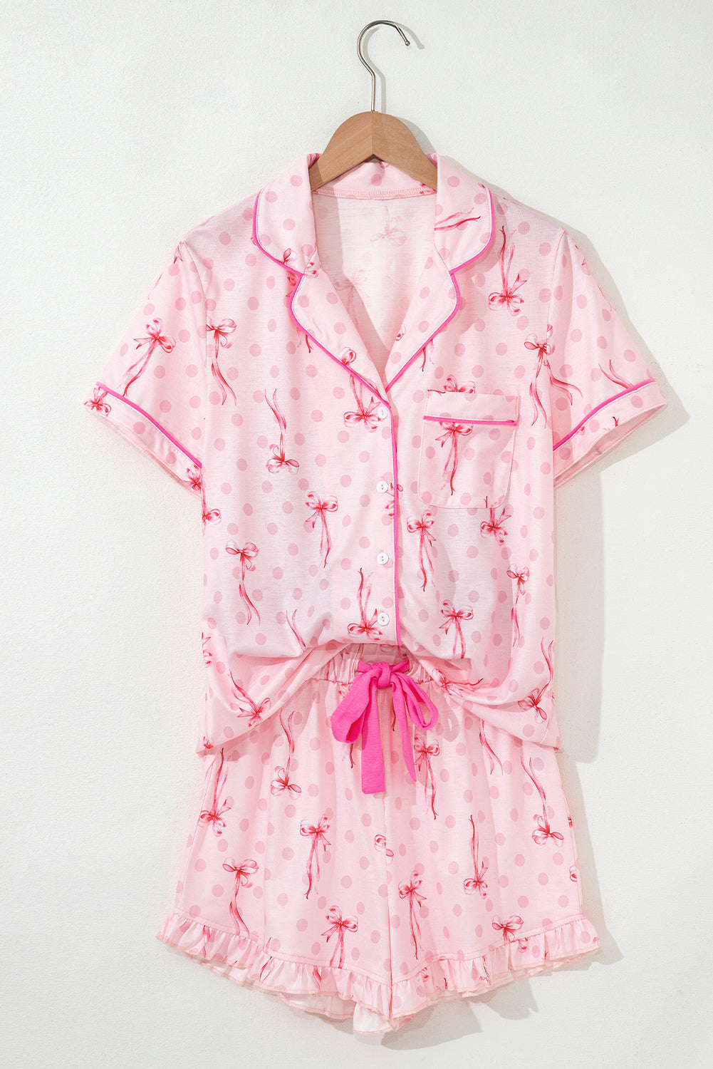 Pink Polka Dot and Bow Print Ruffle Hem Shorts Pajama Set