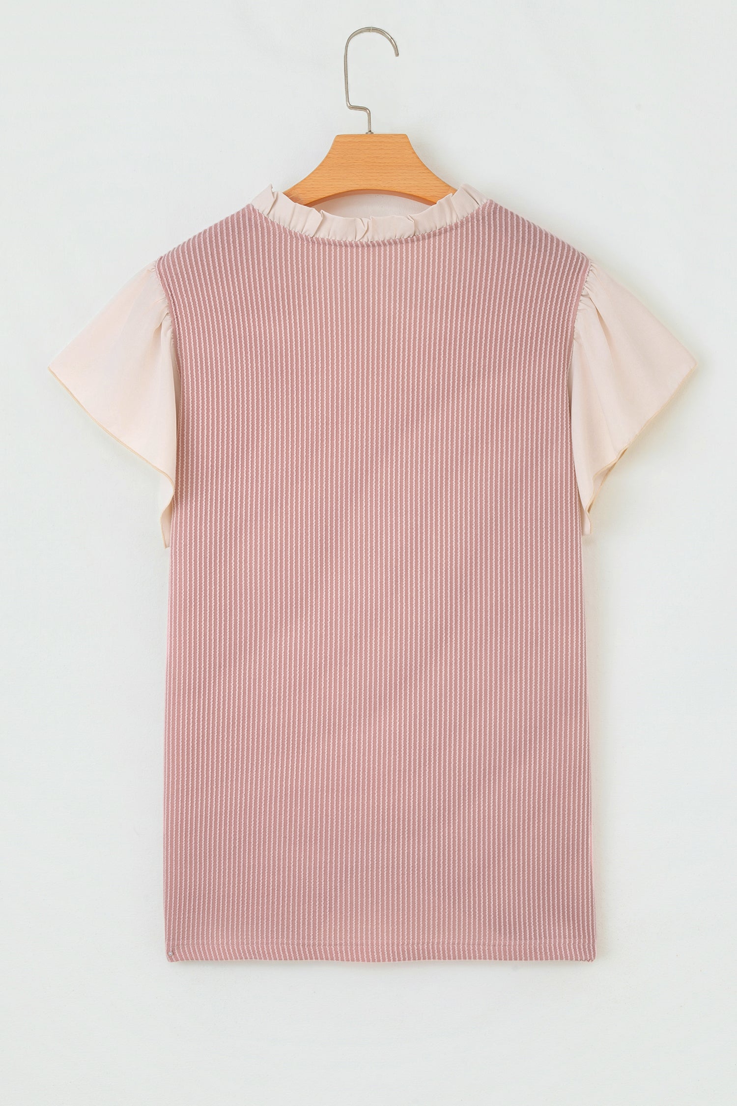 Fushia Plus Size Contrast Frilled Neckline Ruffled Short Sleeve Ribbed Textured Blouse