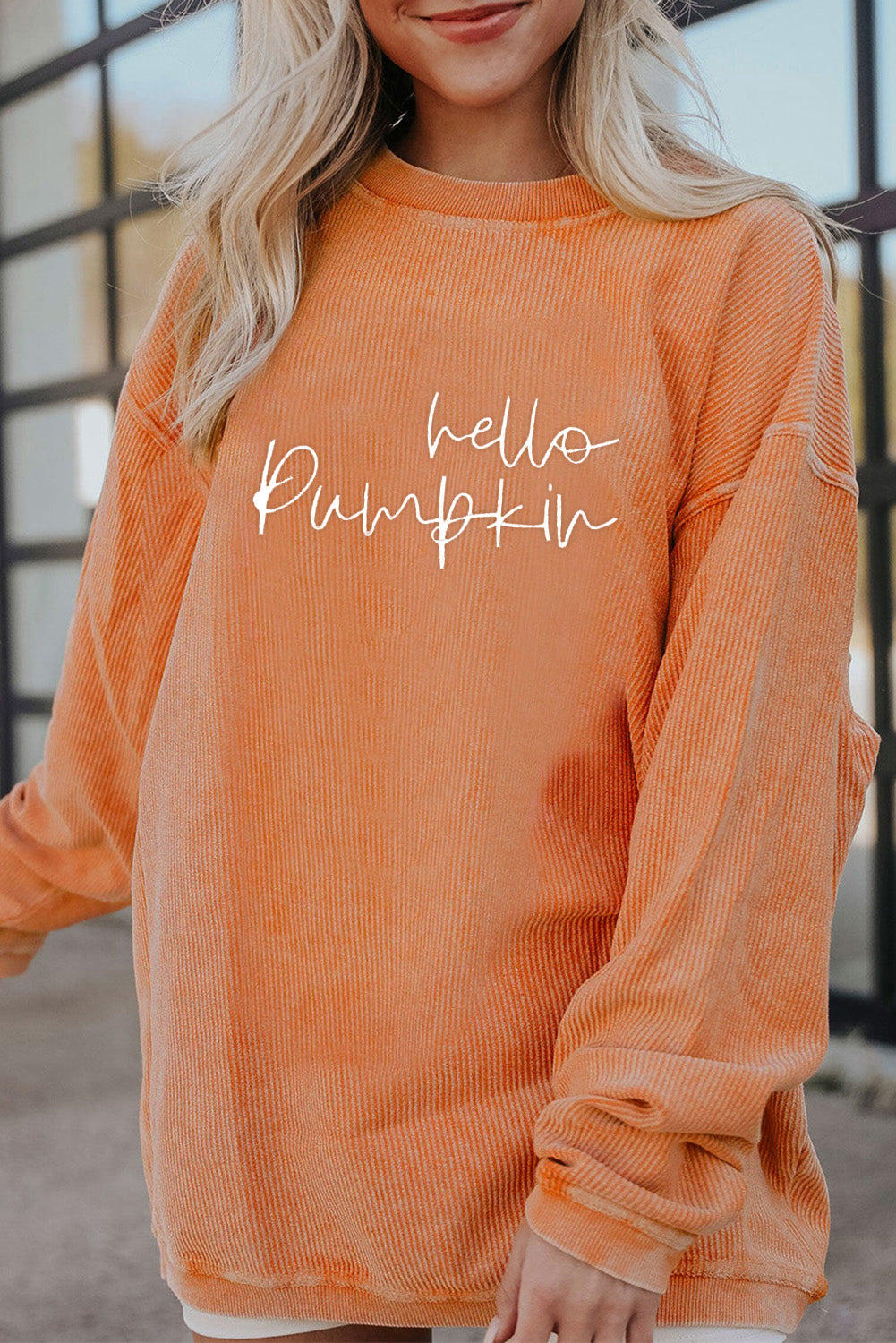 Orange hello pumpkin Letter Embroidered Ribbed Texture Baggy Sweatshirt