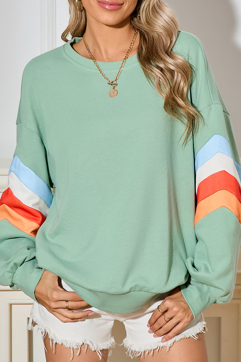 Sweat-shirt ample à manches tombantes et patchwork Moonlight Jade